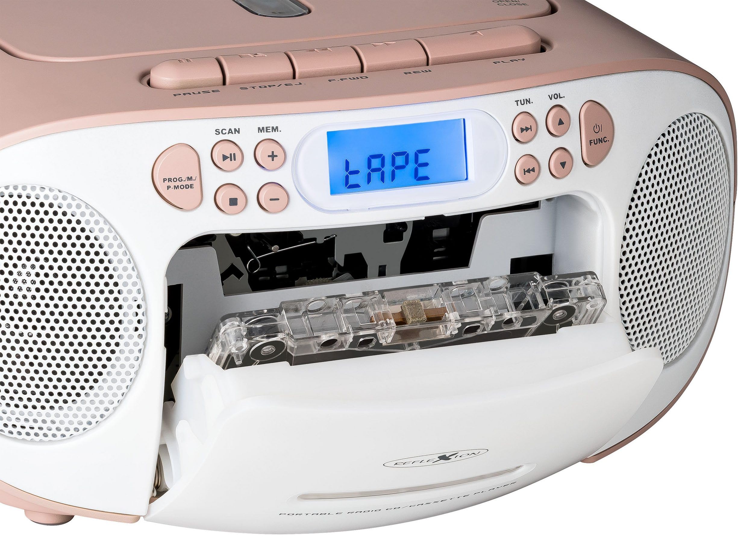 Reflexion RCR2260 Portable CD Player with Cassette & FM Radio - PLL Tuning, LCD Display, AUX Input, Headphone Jack - White/Pink (Home, Office, Car, Travel Use)