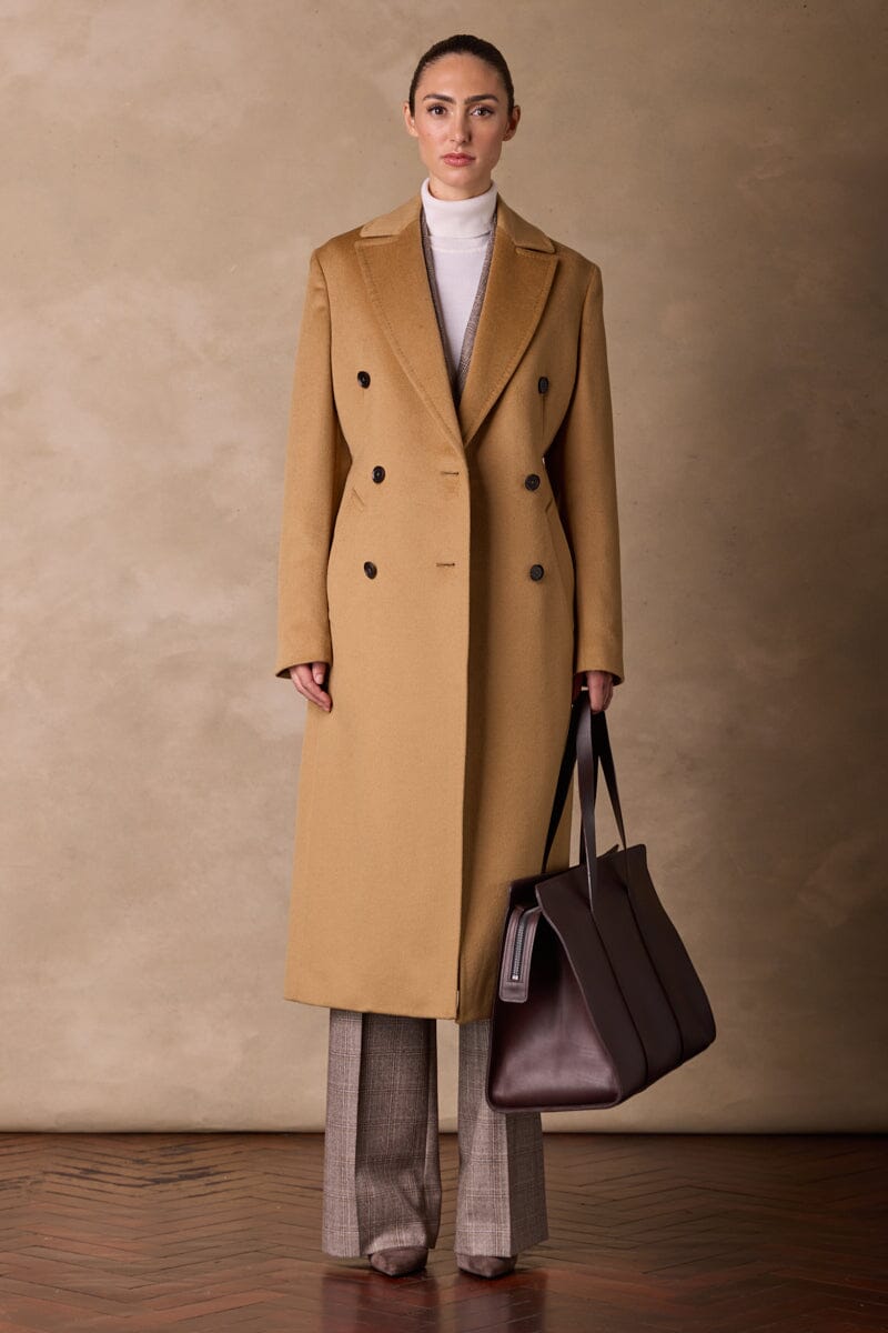 Premium Long Double Breasted Coat - Camel Wool & Silk Blend for Women | Elegant Winter Overcoat for Office, Parties & Formal Events
