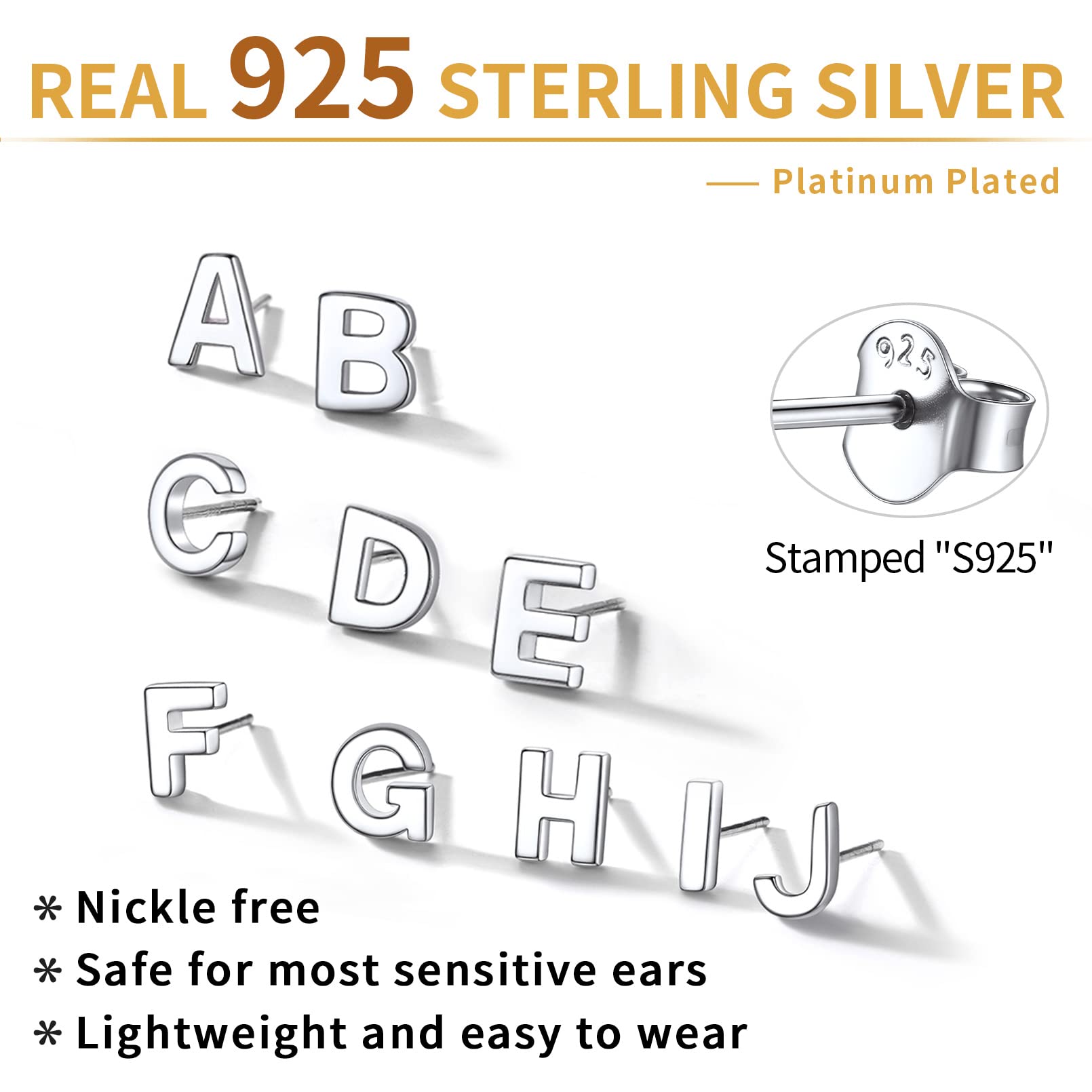 Hypoallergenic 925 Sterling Silver Initial Letter Stud Earrings for Women - Tiny A-Z Alphabet Studs for Sensitive Ears (Gift Box Included) | Perfect for Everyday Wear, Gifts & Special Occasions