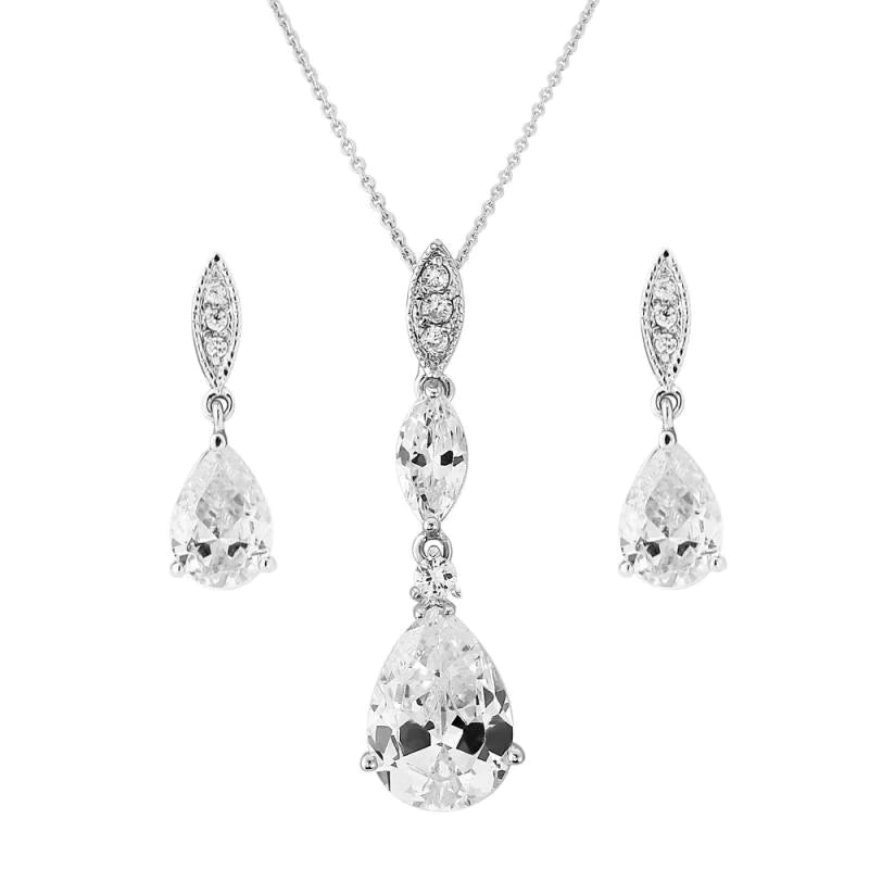 Elegant Silver Crystal Drop Bridal Jewelry Set 3380 - Perfect for Weddings, Prom & Formal Events | Dainty Necklace & Earrings for Brides, Bridesmaids & Special Occasions