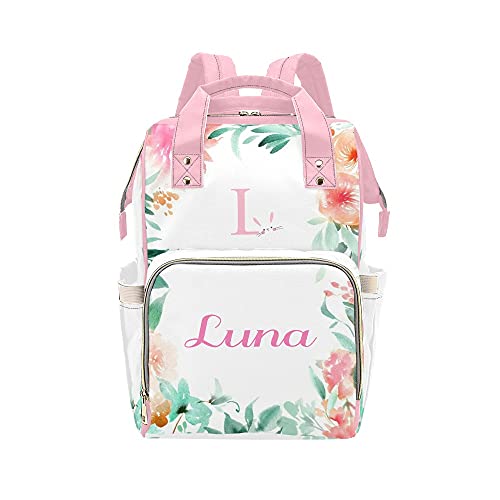 Waterproof Pink Floral Diaper Backpack for Women - Green Leaf Design Baby Bag with Name Tag, Nursing & Nappy Essentials Organizer - Perfect for Moms, Baby Showers & Travel Gifts