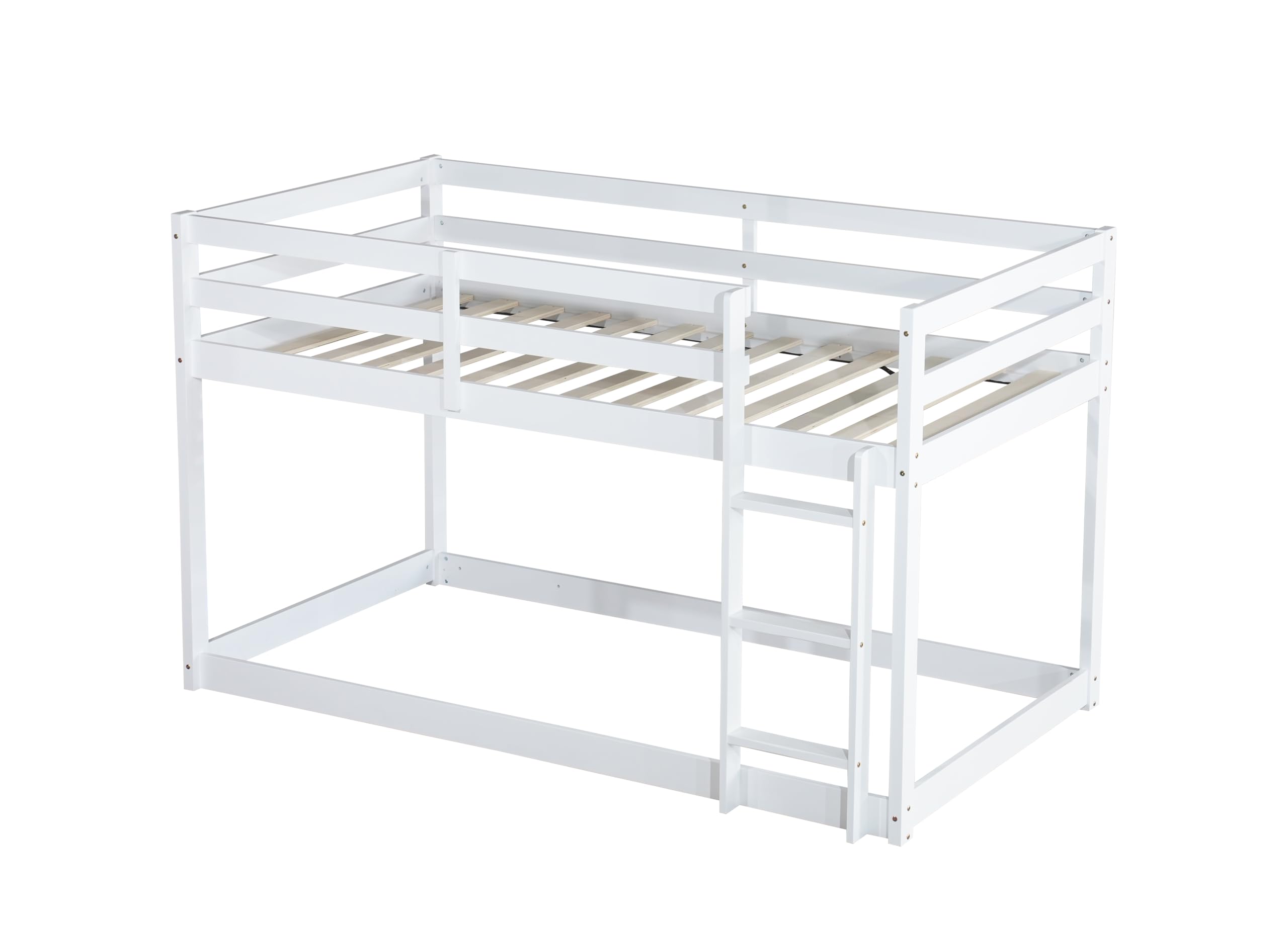 Low Twin Over Twin Bunk Bed Frame - Sturdy Wooden Junior Loft Bed for Kids, Boys & Girls with Safety Rails - Perfect for Small Rooms, Sleepovers & Kids' Bedrooms (White)