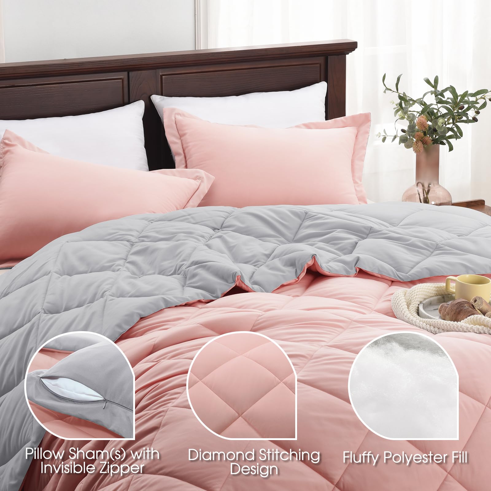 Basic Beyond King Size Comforter Set - Reversible Pink & Grey All-Season Bedding (104x92 inches) with 2 Pillow Shams (20x36+2 inches) | Ultra Soft King Comforter for Master Bedroom, Guest Room & Cozy Home Decor