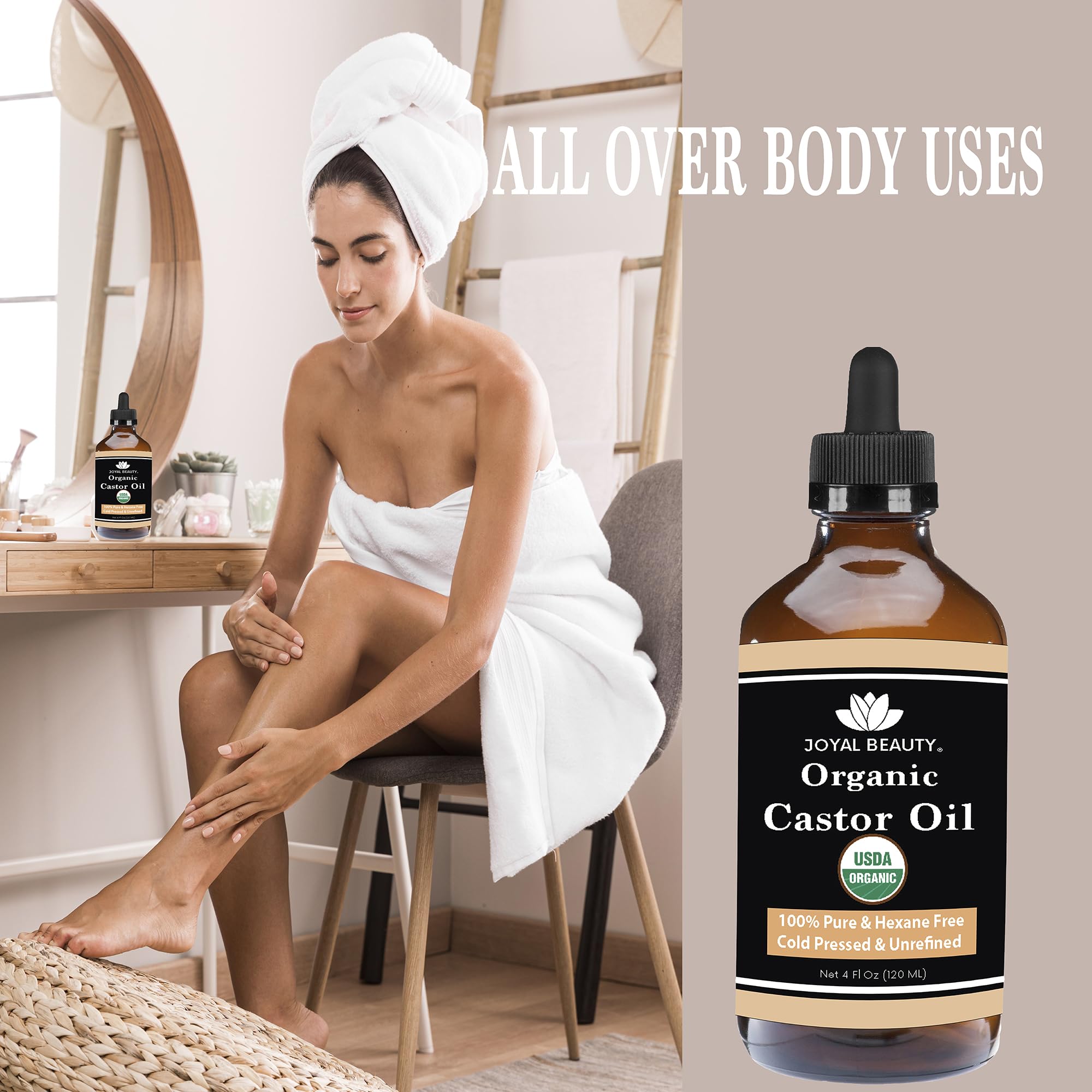 USDA Certified Organic Castor Oil - 100% Pure Cold Pressed Unrefined Hexane Free (4oz Glass Bottle) - Promotes Hair Growth, Eyelashes & Eyebrows - Natural Lash Serum for Face, Skin & Body Care - Includes Free Mascara Wand - Perfect for Nighttime Beauty Routine & DIY Hair Treatments
