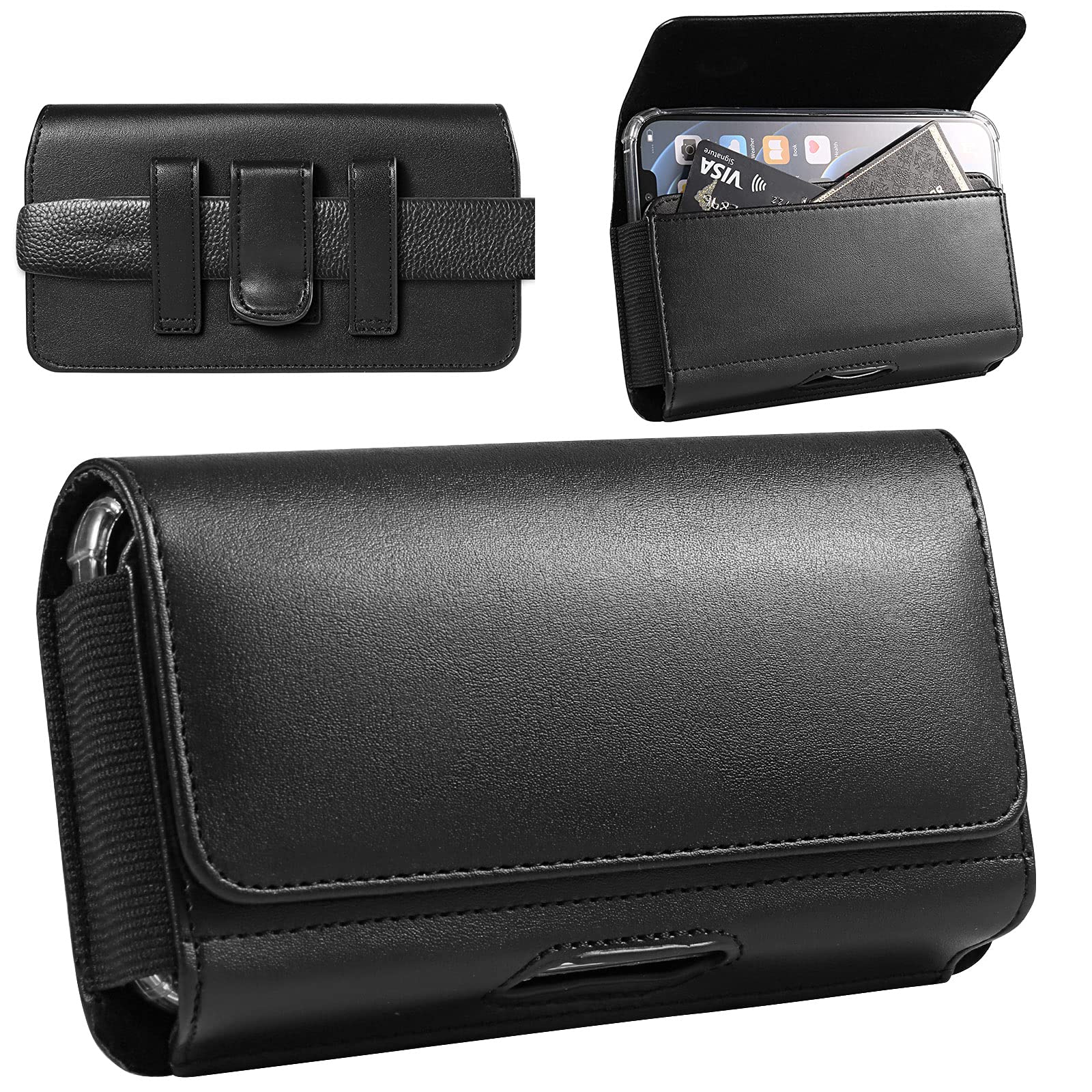 Premium PU Leather Cell Phone Holster with Belt Clip - Compatible with iPhone 16 Pro Max/Plus, Galaxy S24+/S24 FE/S23 FE, Note 20, A55/A35/A25/A15, OnePlus Open/9/Nord 4, Motorola Edge, Pixel 9 Pro/8a (Large) - Secure Carry for Work, Travel & Outdoor Activities