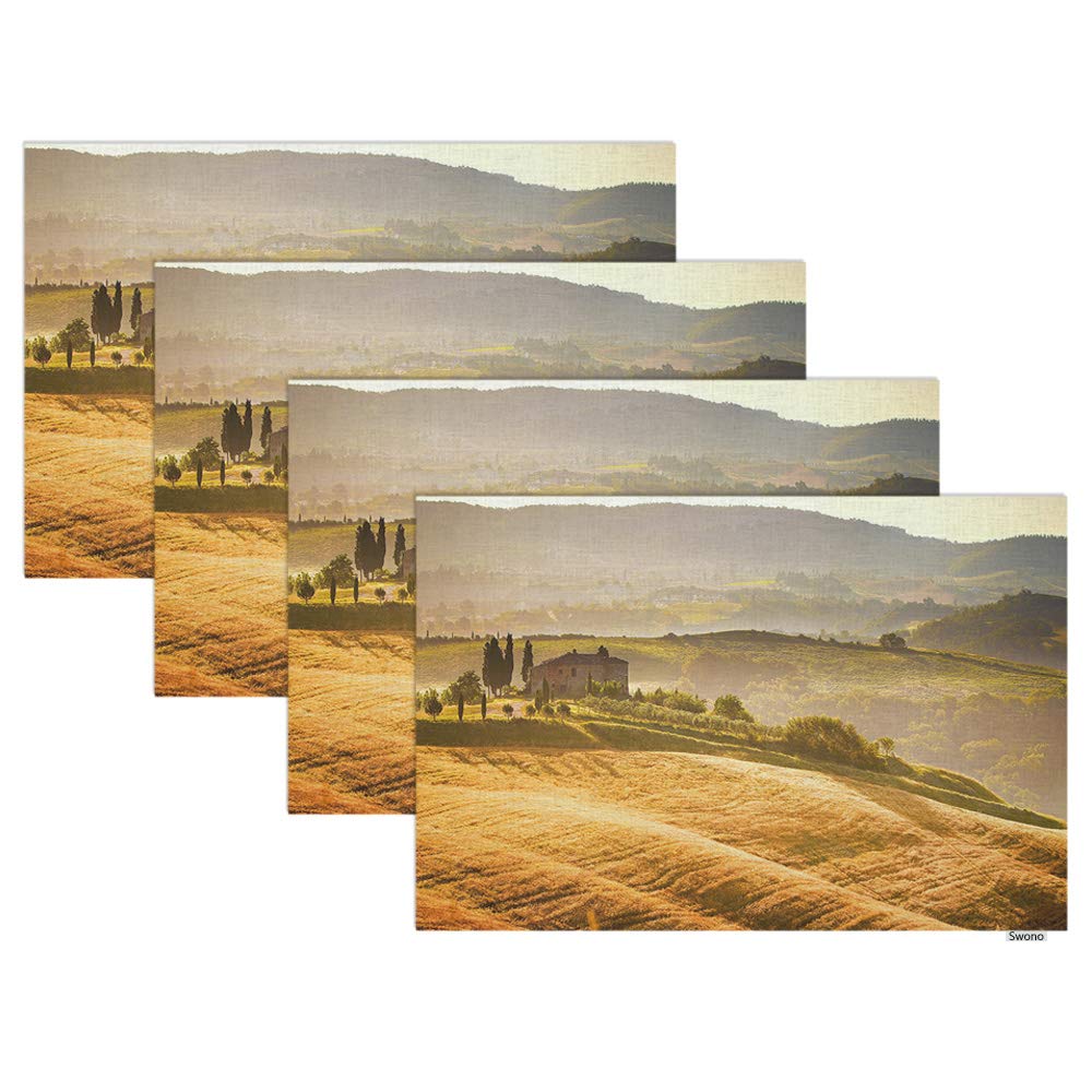 Swono Tuscany Landscape Placemat Set of 4 - Farmhouse Countryside Design 12x18 Inch Oilproof Table Mats for Dining Table & Kitchen Decor | Perfect for Italian-Themed Dinners, Holiday Entertaining & Farmhouse Style Home Decor