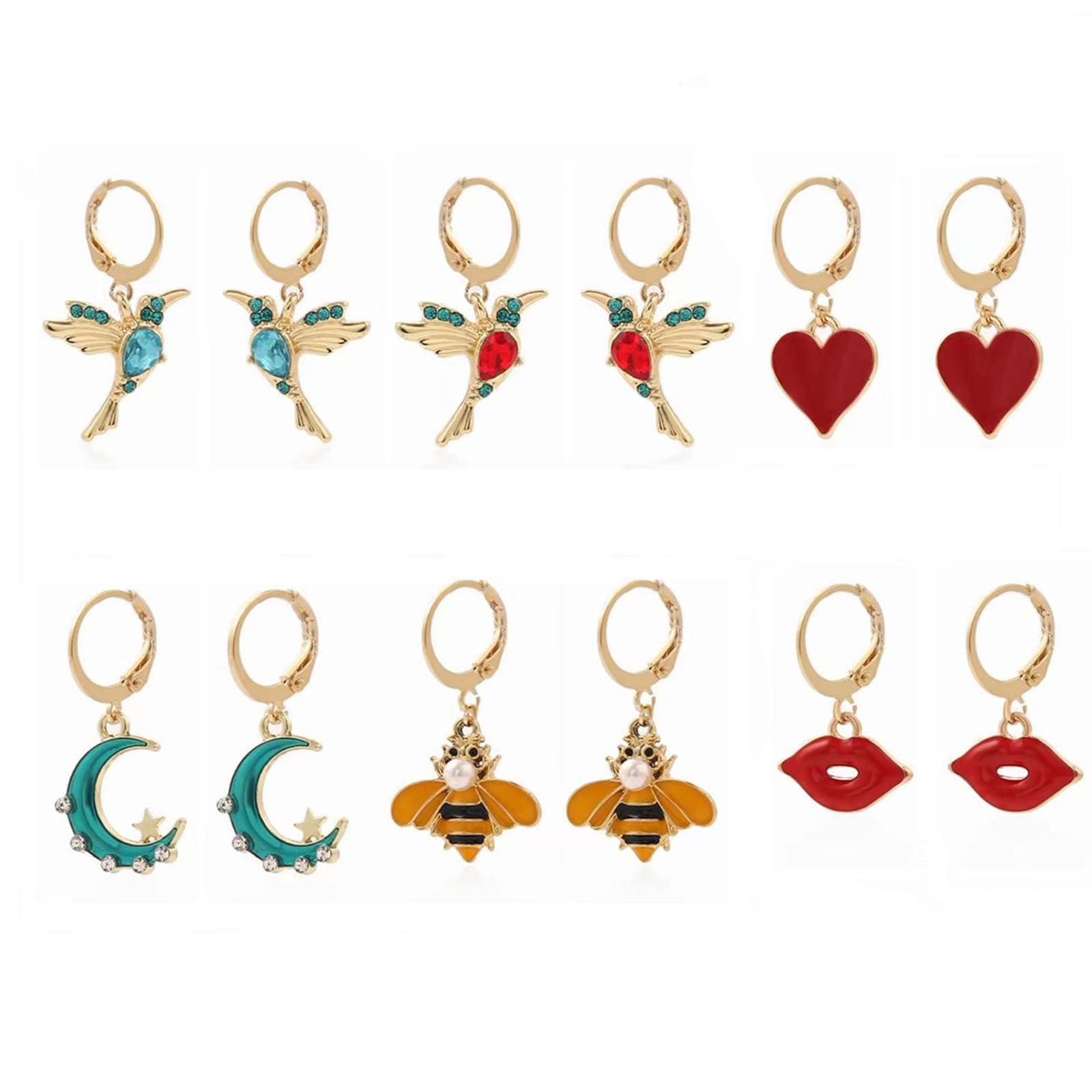6 Pairs Small Gold Huggie Hoop Earrings Set - Tiny Bee, Moon & Hummingbird Dangle Earrings for Women & Teen Girls | Trendy Aesthetic Jewelry Gift Set (10mm) | Perfect for Everyday Wear, Parties & Special Occasions