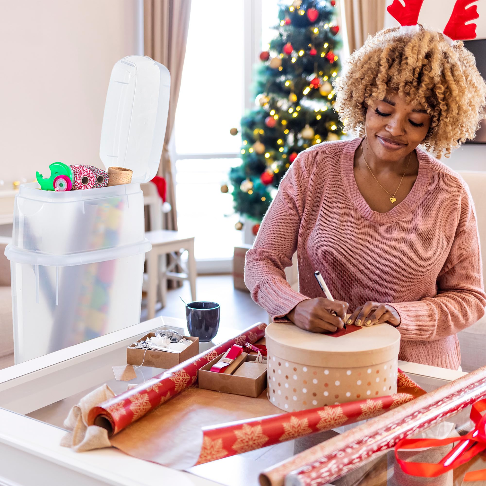 Rubbermaid Wrap N' Craft Plastic Wrapping Paper Organizer - Clear Storage Container with Top Compartment for 20 Standard 30