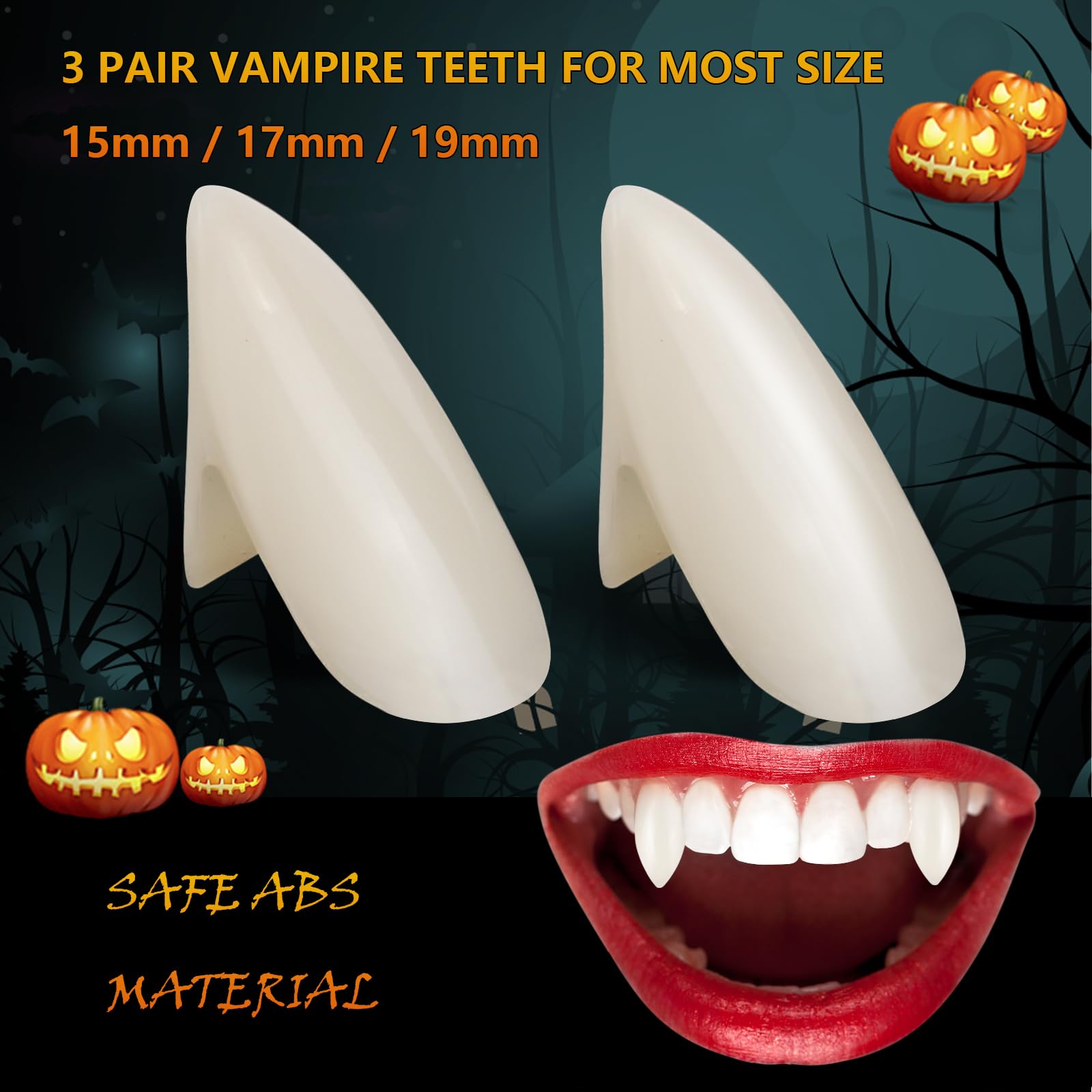 BLUECOW Vampire Teeth for Adults - 3 Pairs (15mm, 17mm, 19mm) Fake Fangs - Perfect for Halloween Costumes, Cosplay, and Horror Parties