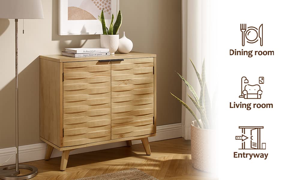 Zouron 2-Door Wooden Sideboard Buffet Cabinet - Kitchen Storage & Living Room Console Table with Round Grain Design - Perfect for Entryway, Hallway, or as Wine Cabinet (Natural Finish)
