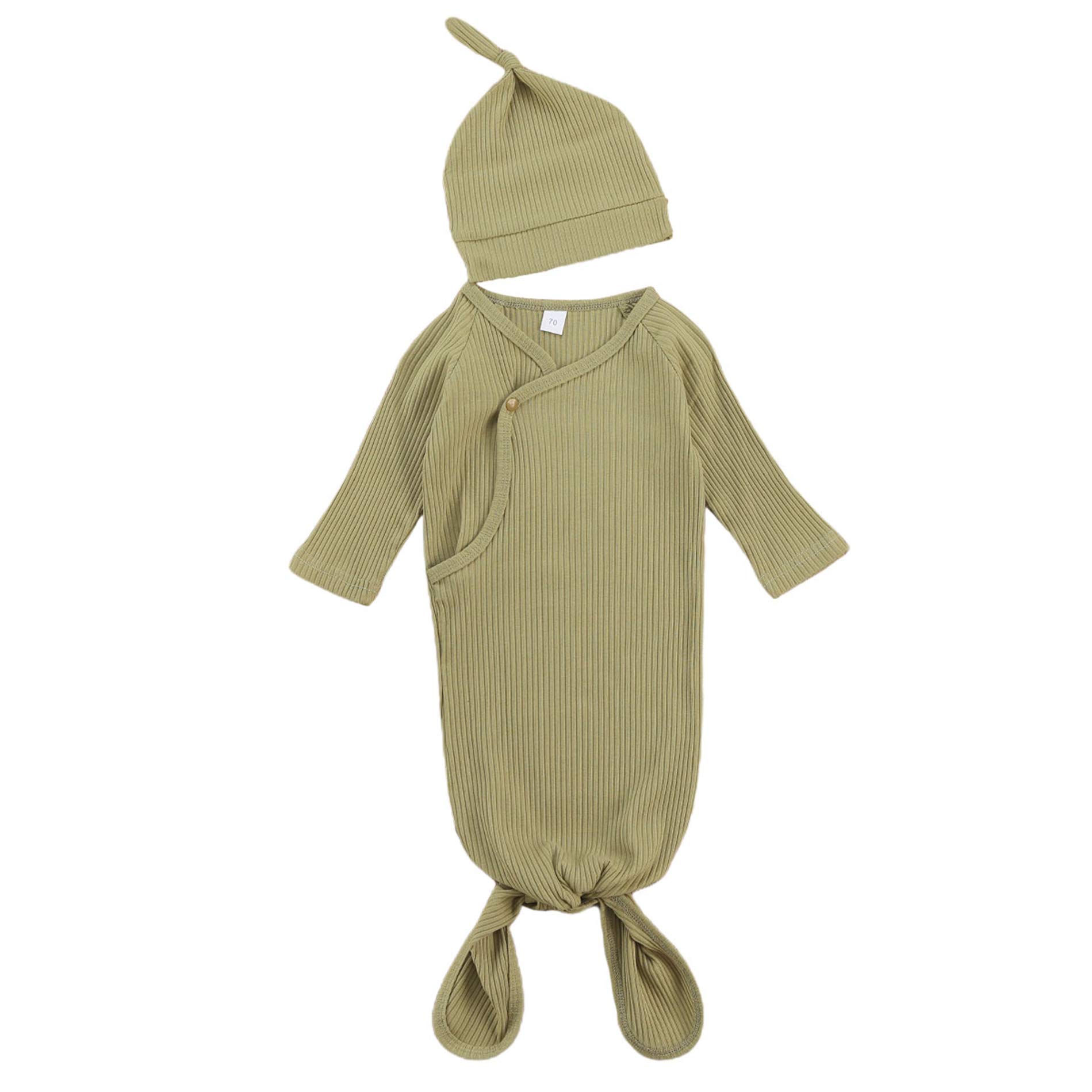 Lefyira Unisex Newborn 2-Piece Pajama Set with Hat - Baby Long Sleeve Sleep Romper & Knotted Nightgown for Infants | Soft Cotton Comfort for Nursery, Bedtime & Newborn Photography