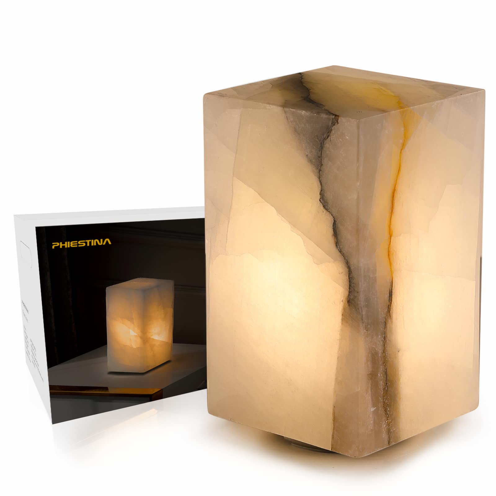 Handcrafted Calcite Table Lamp - Unique Crystal Pattern, Dimmable Warm LED Bedside Light for Living Room & Bedroom | Cuboid Color Options by Phiestina | Perfect for Cozy Nights & Home Decor