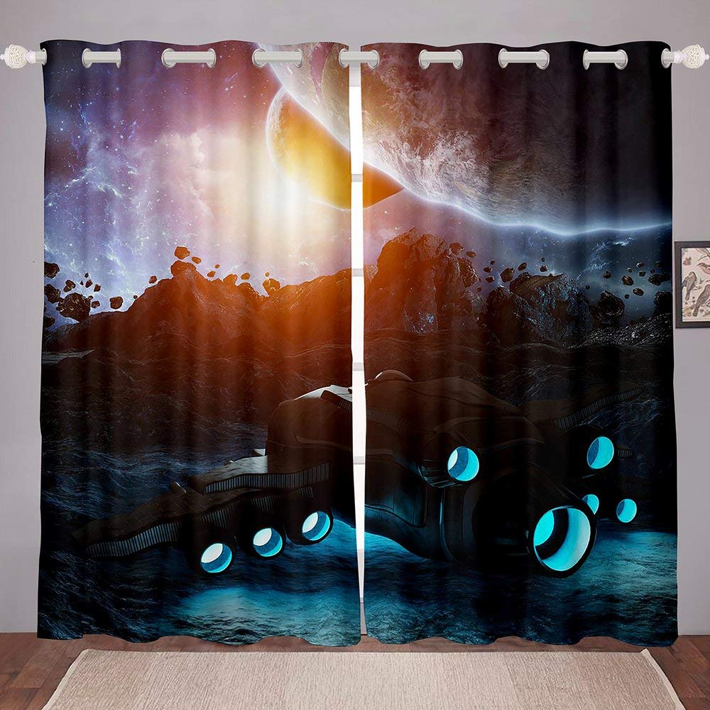 Flying Machine Moon Curtains - Blackout Space Themed Window Drapes with Grommets (2 Panels 104