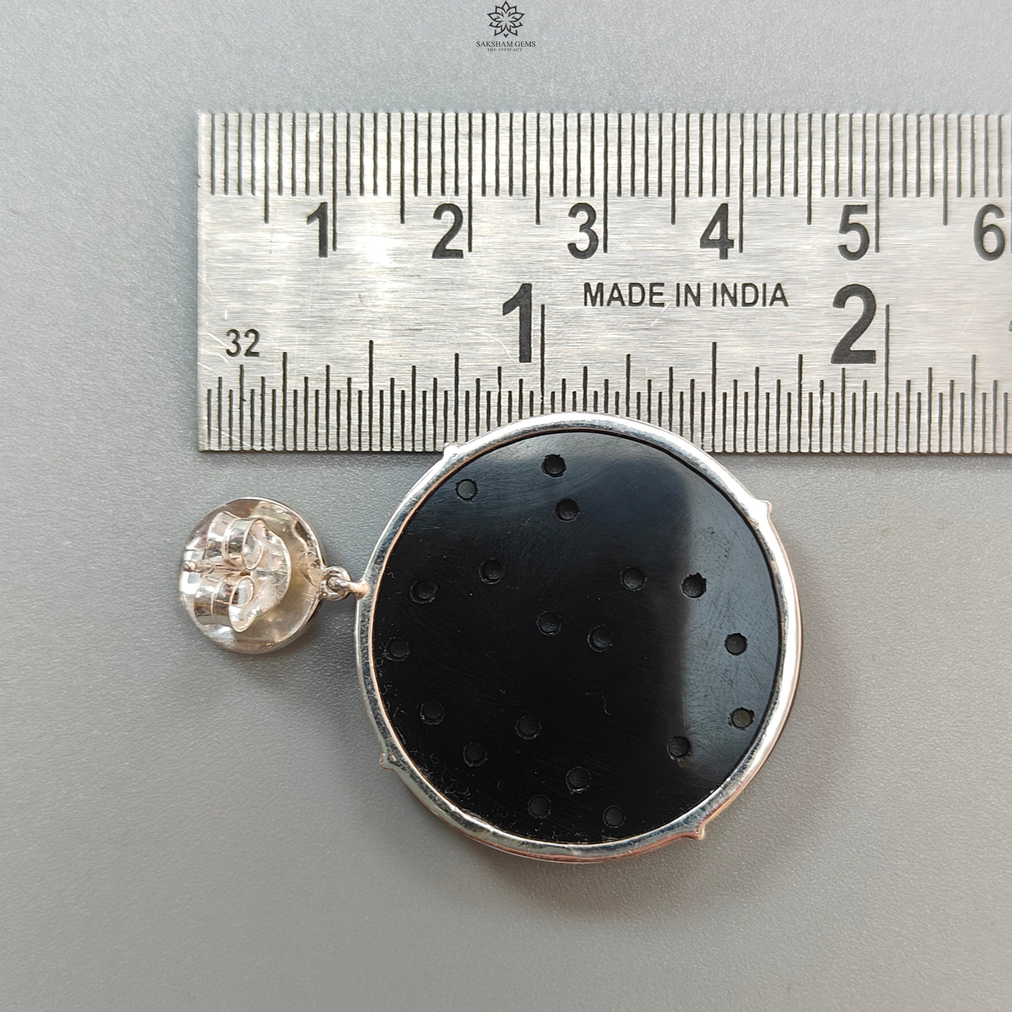 Natural Black Onyx Gemstone Stud Earrings - 925 Sterling Silver Prong Set, Hand Carved Round Shape (18.60g, 1.70