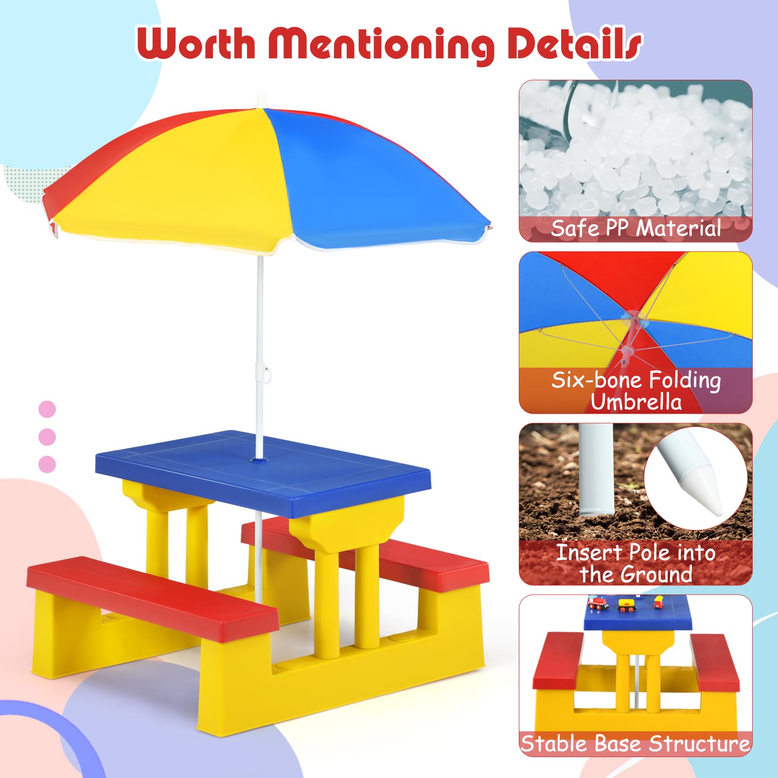MAT EXPERT Kids Picnic Table Set - Foldable Plastic Toddler Table & Chairs with Adjustable Umbrella | Outdoor Children's Furniture for Garden, Backyard, Patio | Perfect for Playdates, Birthday Parties & Family BBQs (Multi-Color)