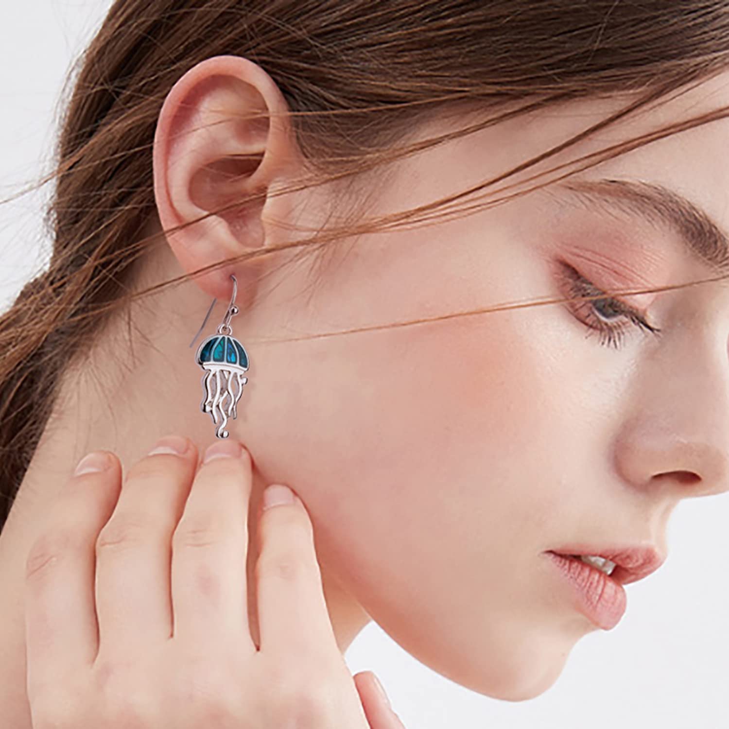 Silver Plated Jellyfish Dangle Drop Earrings with Abalone Shell - Ocean Beach Jewelry for Women | Perfect Gift for Beach Lovers & Summer Outfits