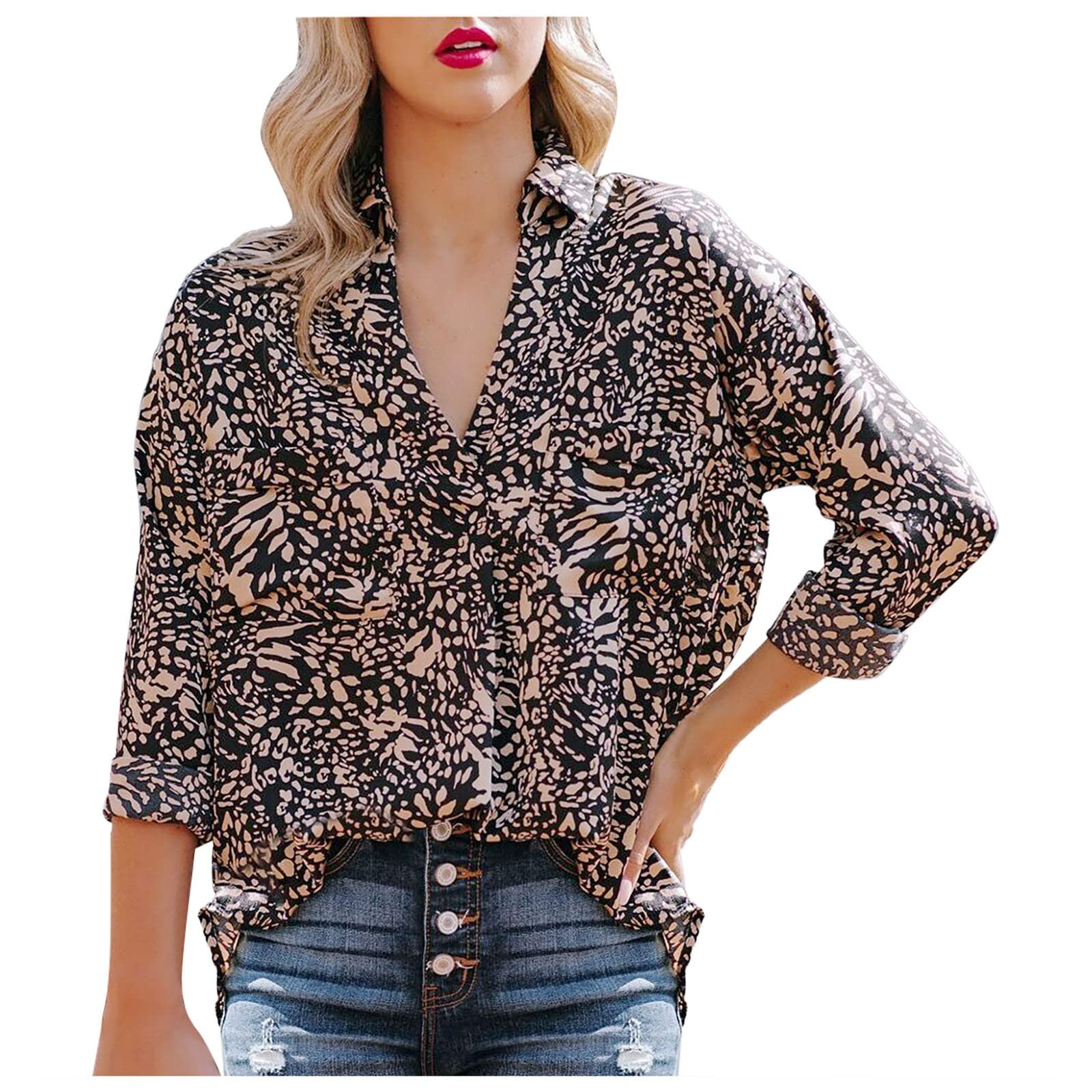 Women's Leopard Print Button-Up Blouse - Long Sleeve Stand Collar Casual Summer Tops for Women | Perfect for Office Wear, Date Nights & Casual Outings