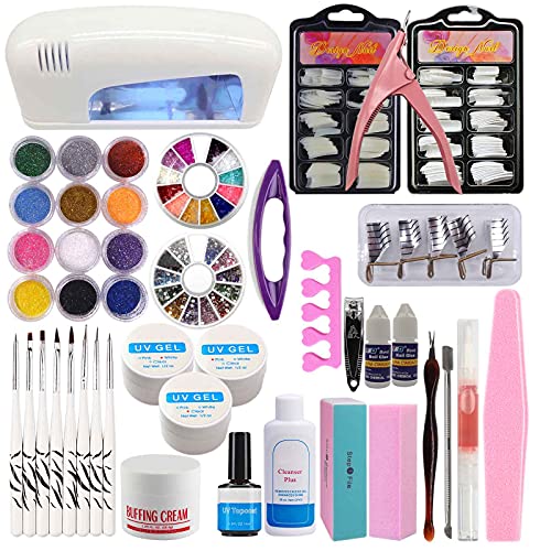 25 in 1 Professional UV Gel Nail Art Kit with 9W LED Lamp - Acrylic Nail Tips, Glue, Brush & Buffer Tools for DIY Manicure & Pedicure at Home or Salon