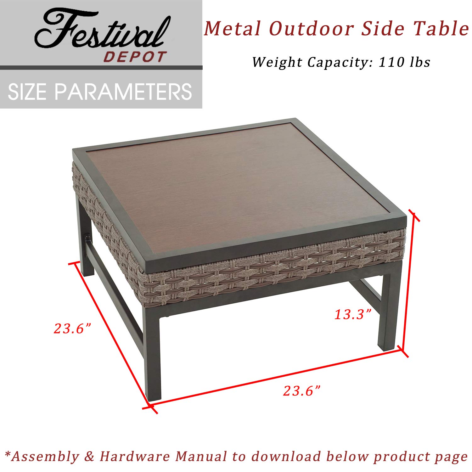 Festival Depot Patio Coffee Table - Square Metal Frame with Wicker & Wood Grain Top Rattan Outdoor Furniture for Bistro, Deck, Garden & Poolside Relaxation