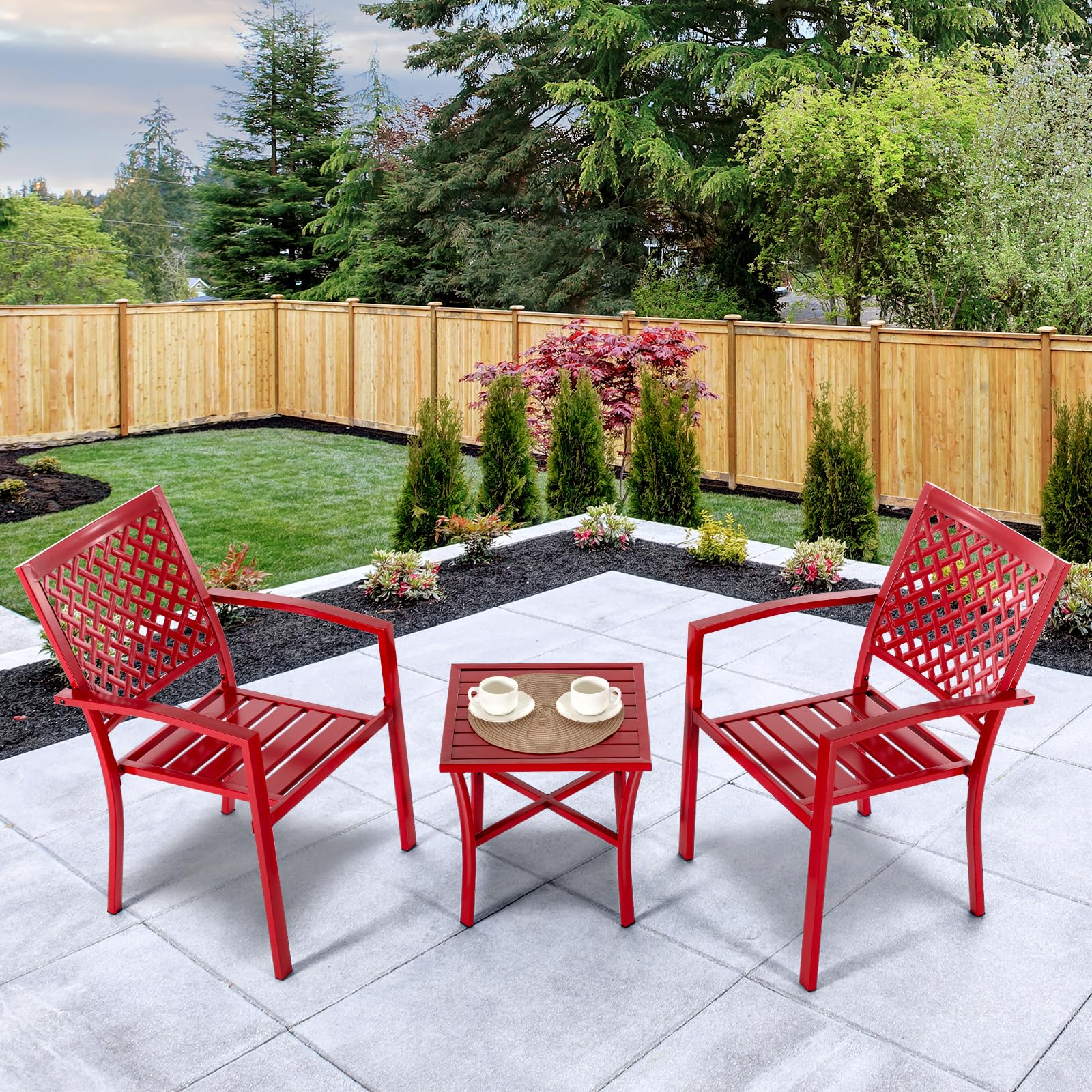 3-Piece Outdoor Patio Dining Set - Durable Cast Iron Table & 2 Stackable Chairs, Square Slatted Design for Balcony, Porch, Garden, Backyard - Perfect for Al Fresco Dining, BBQs & Outdoor Entertaining (Red)
