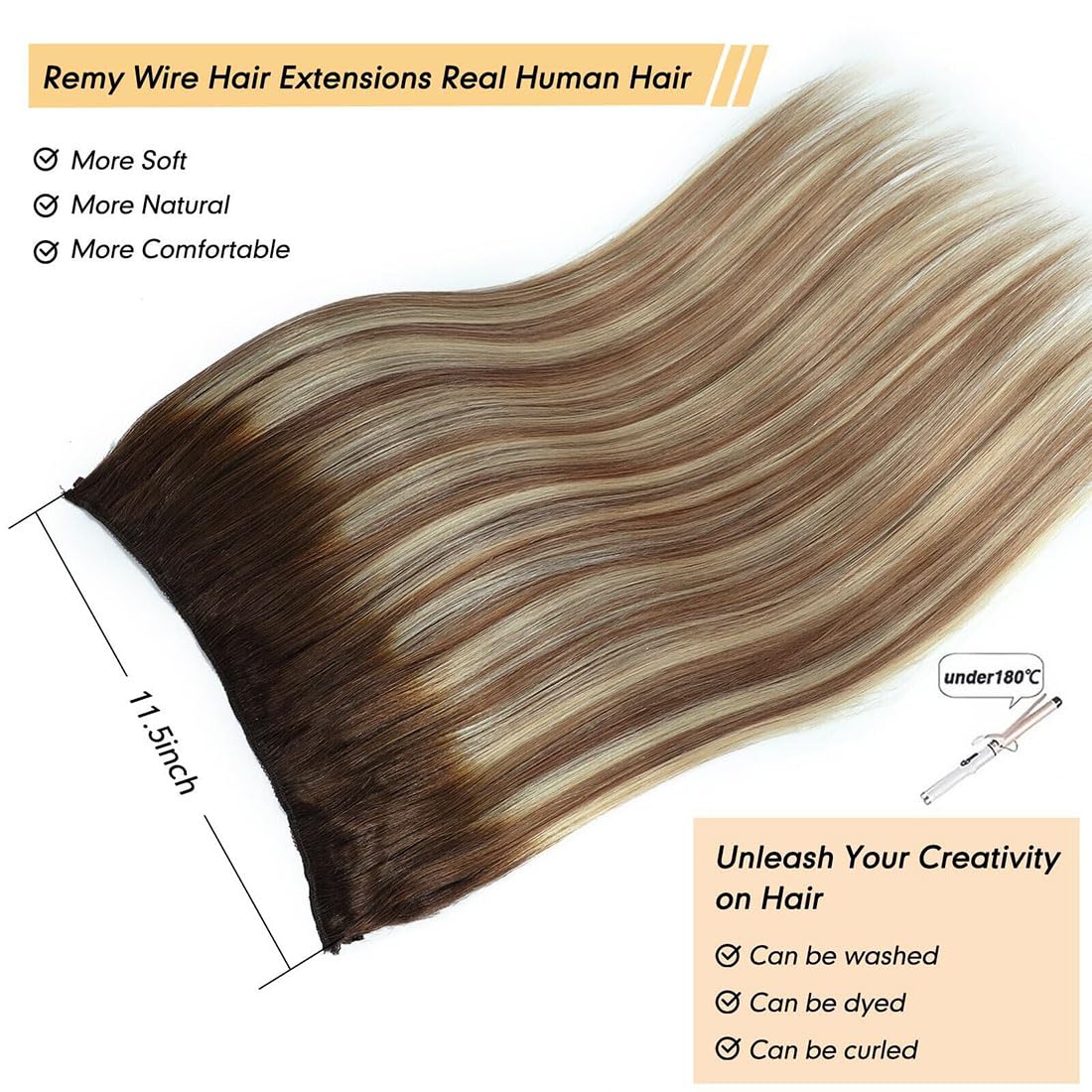 12 Inch Chocolate Brown to Light Brown Blonde Straight Real Human Hair Extensions with Invisible Fish Line Wire - Perfect for Daily Wear, Parties & Special Occasions