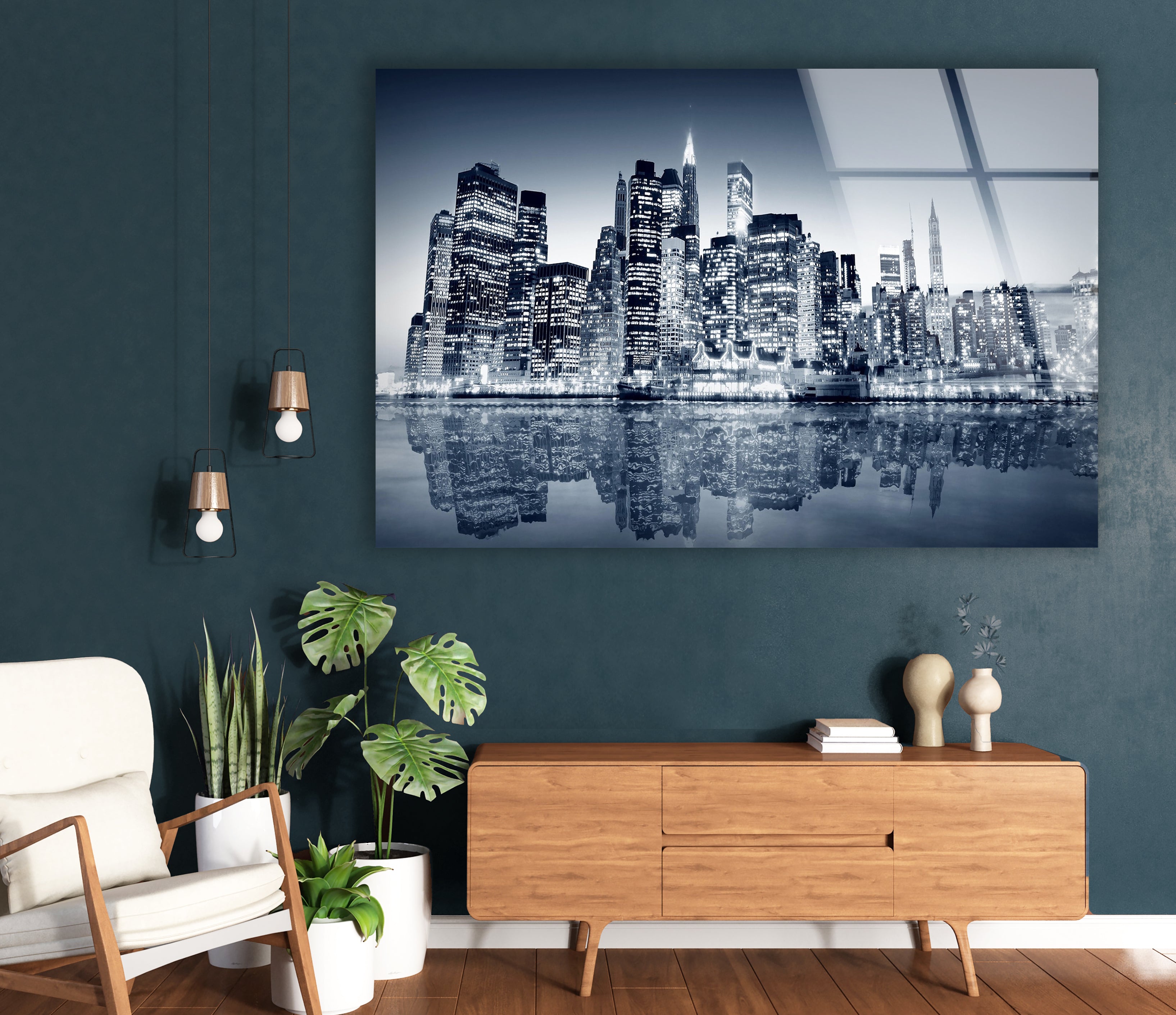 Black and White New York City Skyline Glass Wall Art - Iconic NYC Skyline View with Mirror Reflections - Perfect for Home Office Decor & Modern Living Room Wall Art