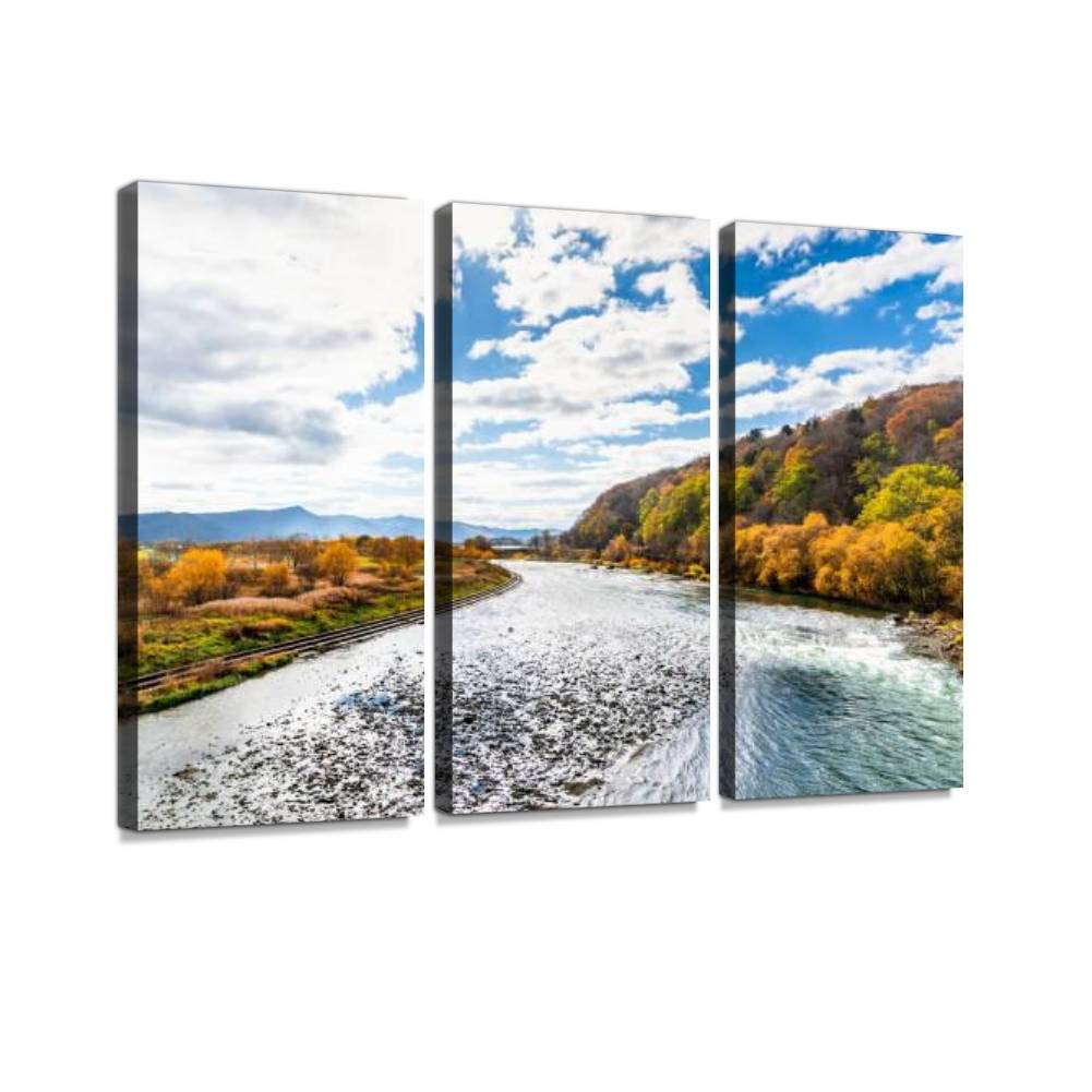 River of Furano Hokkaido Japan Autumn Forest Stream with Trees - 3 Panel Canvas Wall Art Paintings for Living Room & Bedroom Decor - Scenic Nature Landscape Poster for Home Office Wall Decoration
