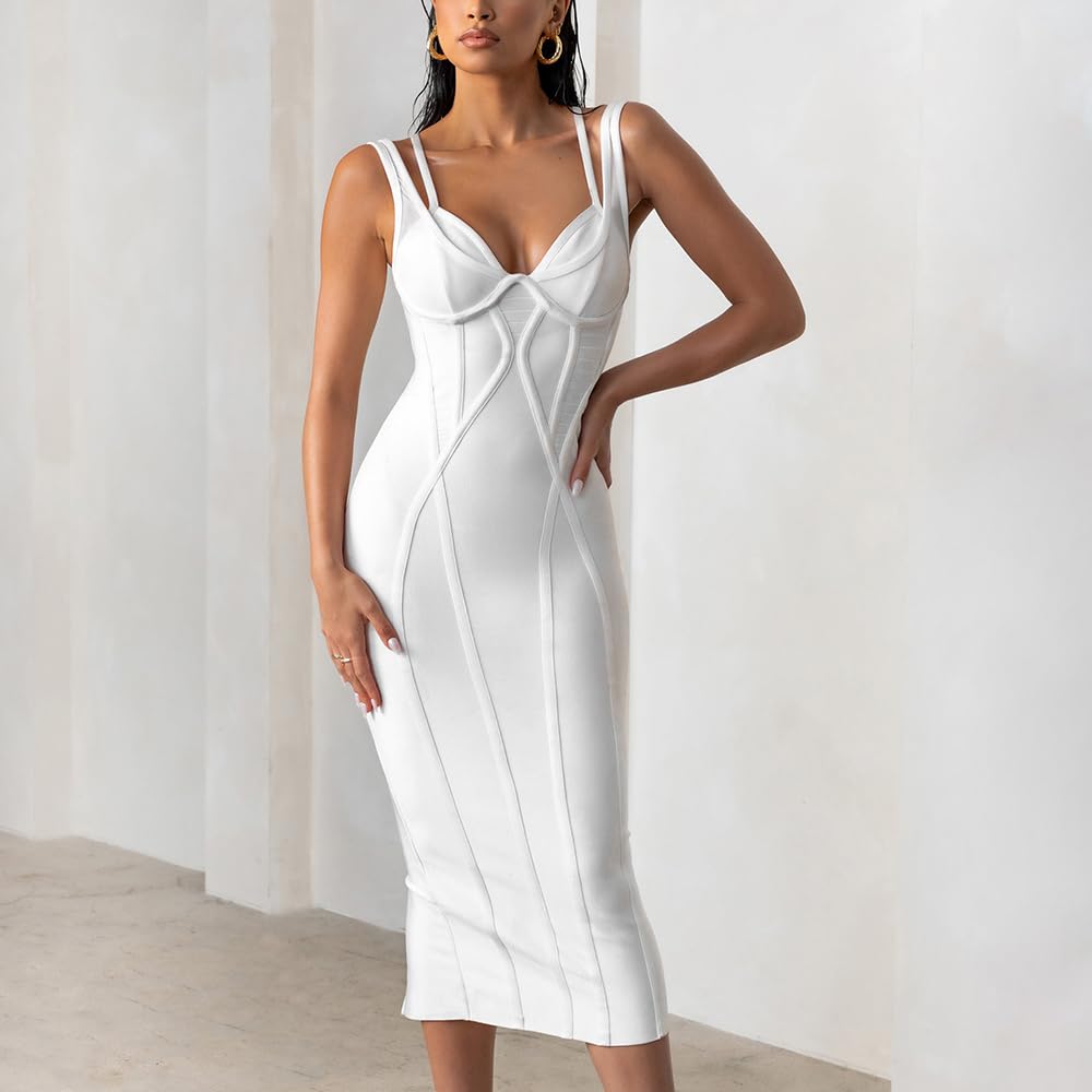 Elegant White Women's Midi Bandage Dress for Wedding Guest, Cocktail Party & Special Occasions - Sexy Bodycon Dress for Night Out, Date Night & Formal Events