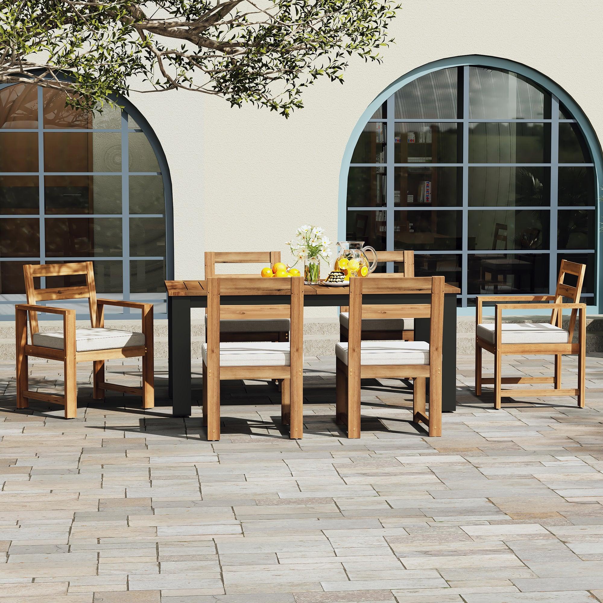7-Piece Outdoor Patio Dining Set - Wooden Table with Umbrella Hole & 6 Chairs (2 Armchairs + 4 Side Chairs) for Garden, Backyard, Poolside - Perfect for BBQs, Family Gatherings & Outdoor Entertaining