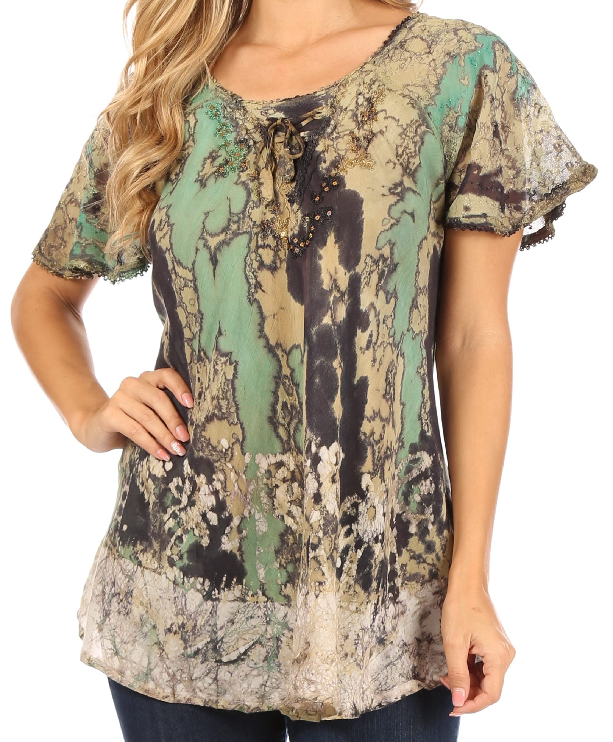 Sakkas Celia Marble Batik Short Sleeve Blouse Women's Embroidered Crochet Top - Perfect for Summer Outfits, Beach Vacations & Boho Fashion