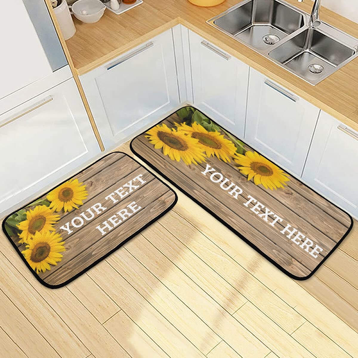 Custom Sunflowers Kitchen Rugs and Mats Set - 2 Piece Non-Slip Washable Runner Rug for Kitchen Floor, Laundry Room, and Home Decorative Use