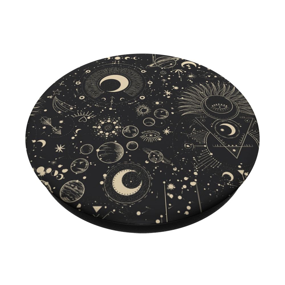 Mystic Astrology Moon Sun Stars Planets Design Black PopSockets PopGrip - Phone Grip Stand for iPhone, Samsung & Smartphones - Perfect for Daily Use, Travel & Selfies