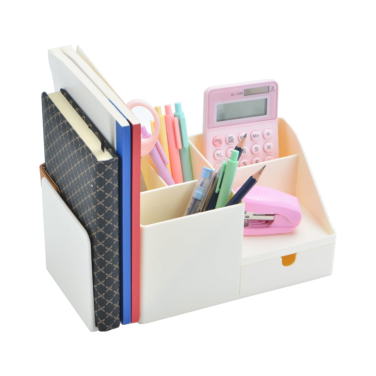 White Multifunctional Desk Organizer with Bookshelf & Drawer - Office Stationery Storage, Makeup Organizer, Bookends - Perfect for Home Office, Study Desk, and Beauty Vanity (Small, Beige)
