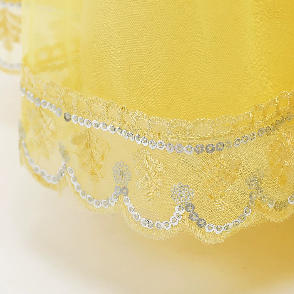 Yellow Princess Square Neck Floor Length Lace Flower Girl Dress for Weddings, Baptisms & Special Occasions