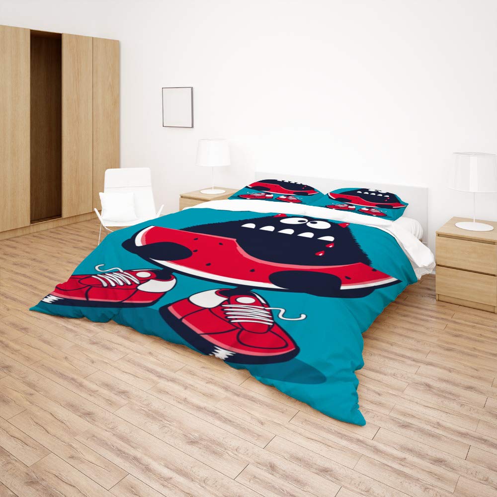 Cute Monster Watermelon Duvet Cover Set - 3 Piece Breathable Comforter & Pillow Shams - Soft Farmhouse Style All Seasons Bedding for Hotel, Resort & Home Decor
