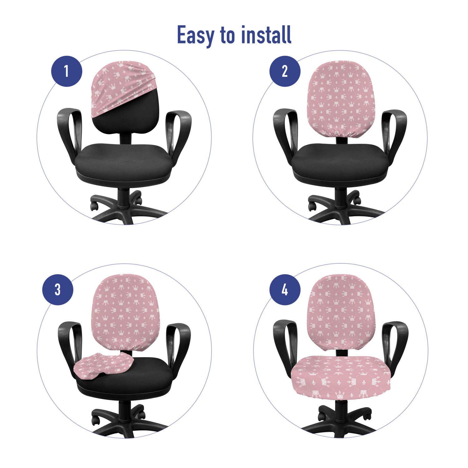 Ambesonne Royal Office Chair Slipcover - Retro Style Stretch Fabric Cover with Cartoon Crowns & Fleur De Lis Pattern, Standard Size (Rose White) | Perfect for Home Office, Gaming Chair, or Dining Room Decor
