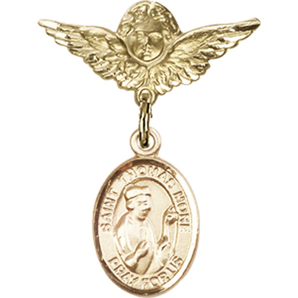 Gold Filled Baby Badge with St. Thomas More Charm & Angel Wing Pin - 1 x 3/4 Inch Religious Jewelry - Perfect for Baptism Gifts, Christening Keepsakes & First Communion Accessories
