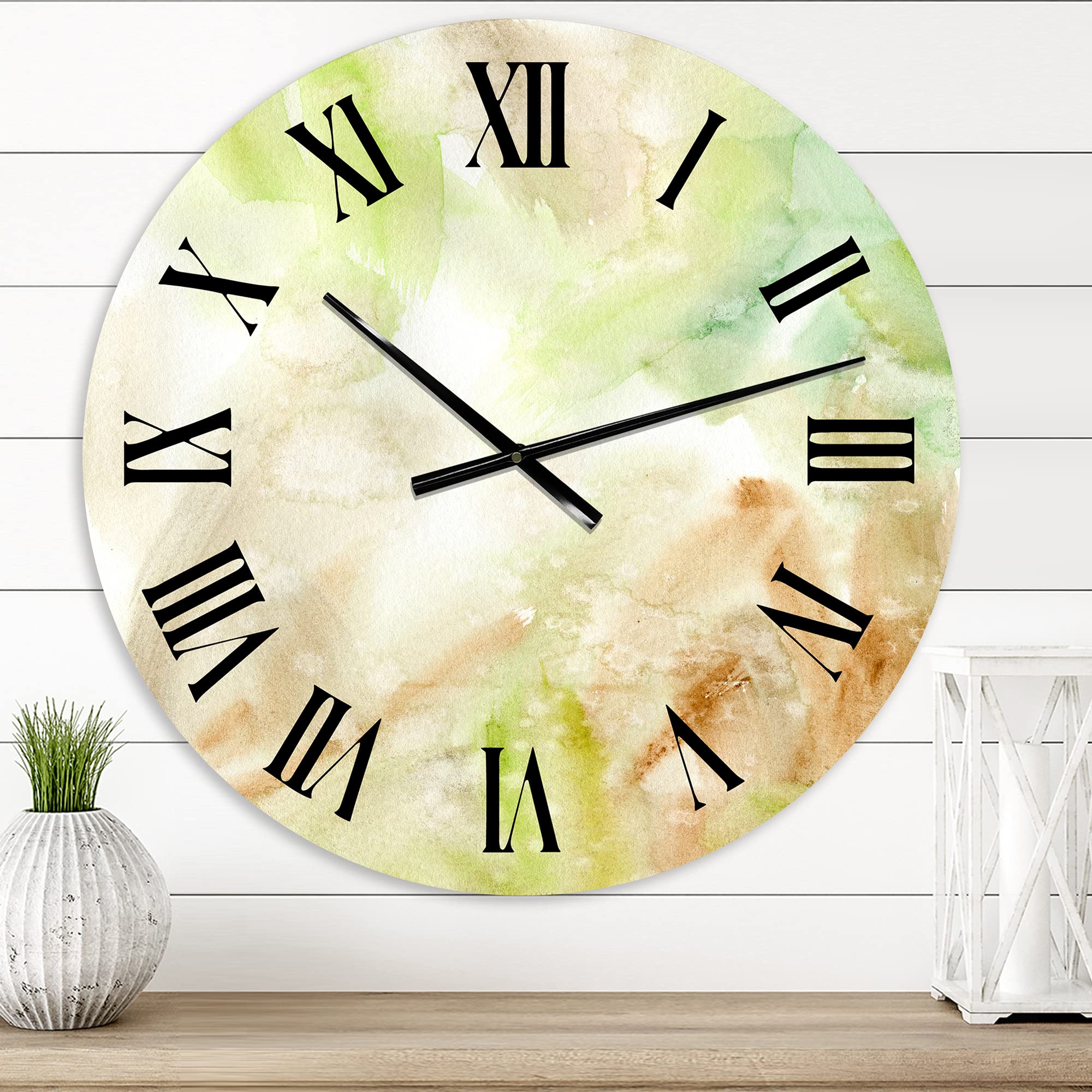 DesignQ Modern Wall Clock - Pastel Abstract with Green, Brown & Beige Spots - Large Fractal Wall Clock for Home & Office Decor - Perfect for Living Room, Bedroom or Workspace
