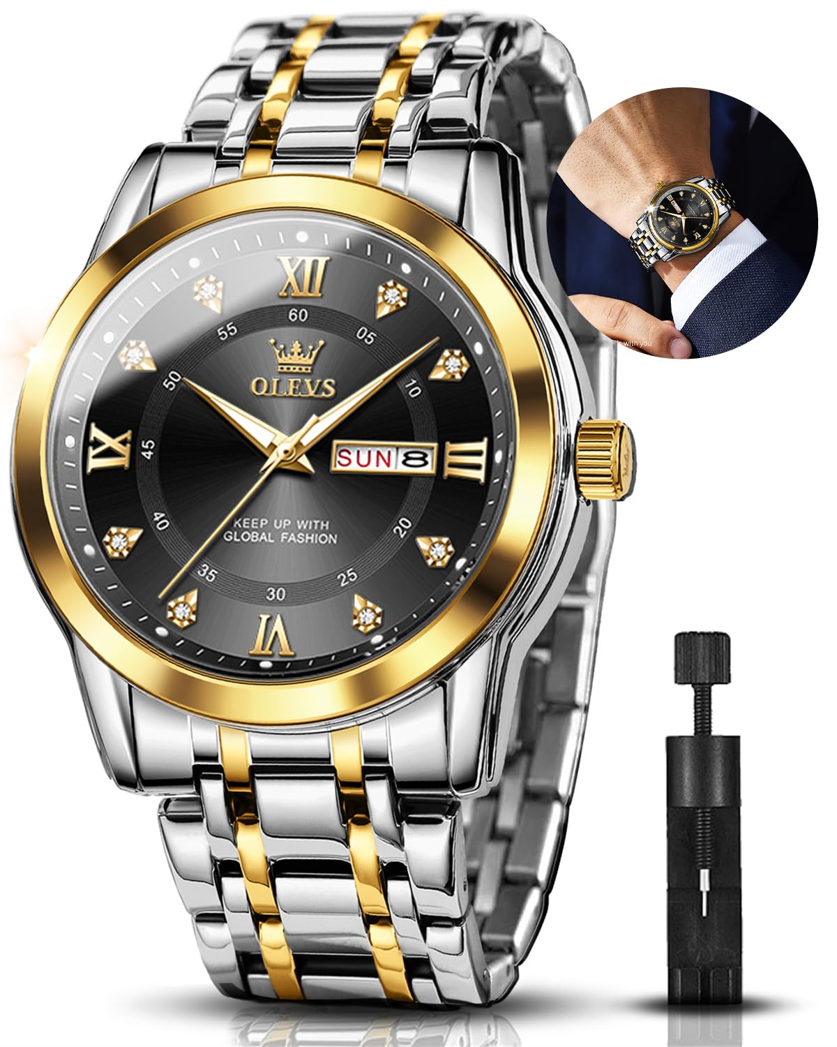 OLEVS Men's Stainless Steel Analog Quartz Chronograph Watch with Moon Phase, Waterproof, Date & Luminous Features - Perfect for Business, Casual & Formal Occasions - Ideal Gift for Men