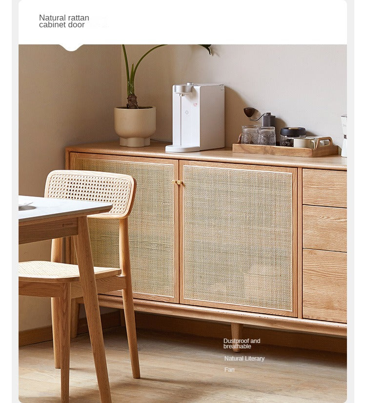 Oak Solid Wood Rattan Modern Sideboard Buffet Cabinet - Stylish Storage for Dining Room, Living Room & Entryway