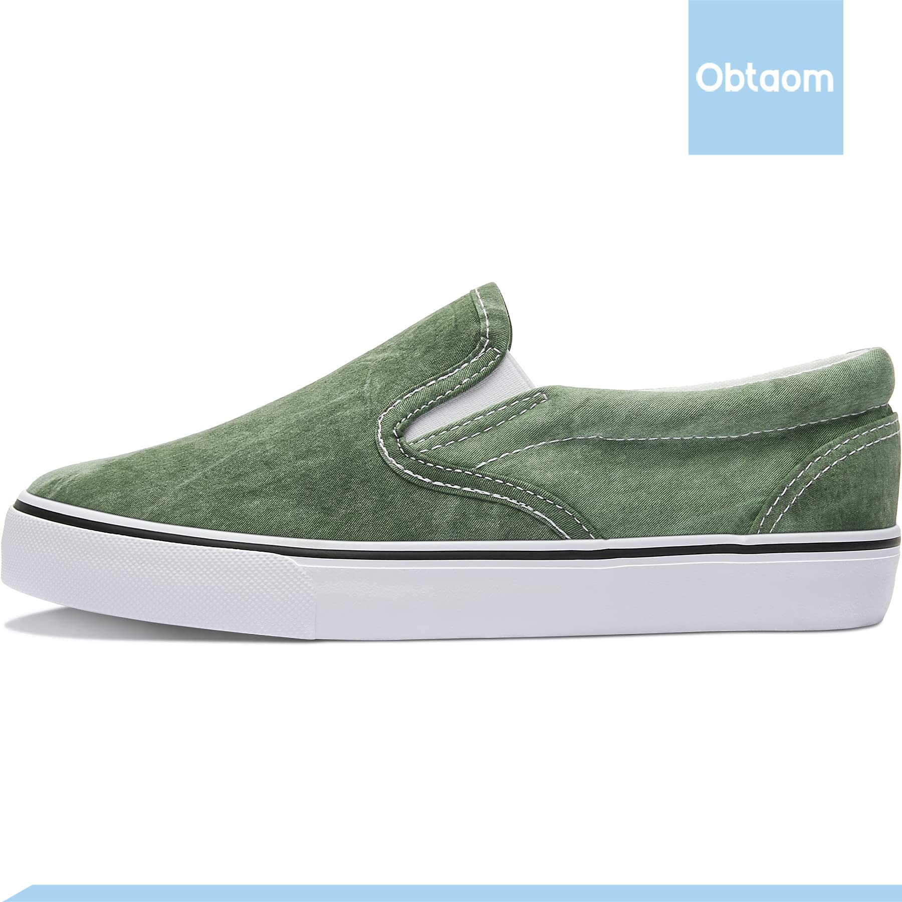 Obtaom Women's White Canvas Sneakers - Slip On Loafers with Black Trim for Casual Wear, Walking & Everyday Comfort