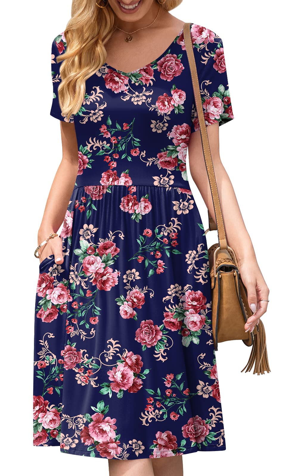 DB MOON Women's Plus Size Summer Casual Dress 2025 - V Neck Short Sleeve Knee Length Dress with Pockets (XL) | Perfect for Beach, Vacation & Everyday Wear