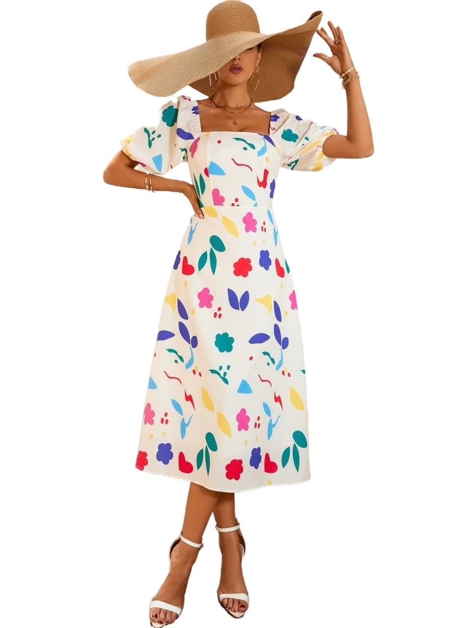 **IFAJOOR Women's Summer Dresses - Floral Print Square Neck Puff Sleeve Shirred Tie Back Casual Dress (Multicolor, Small) | Beach Vacation, Brunch, Outdoor Party**