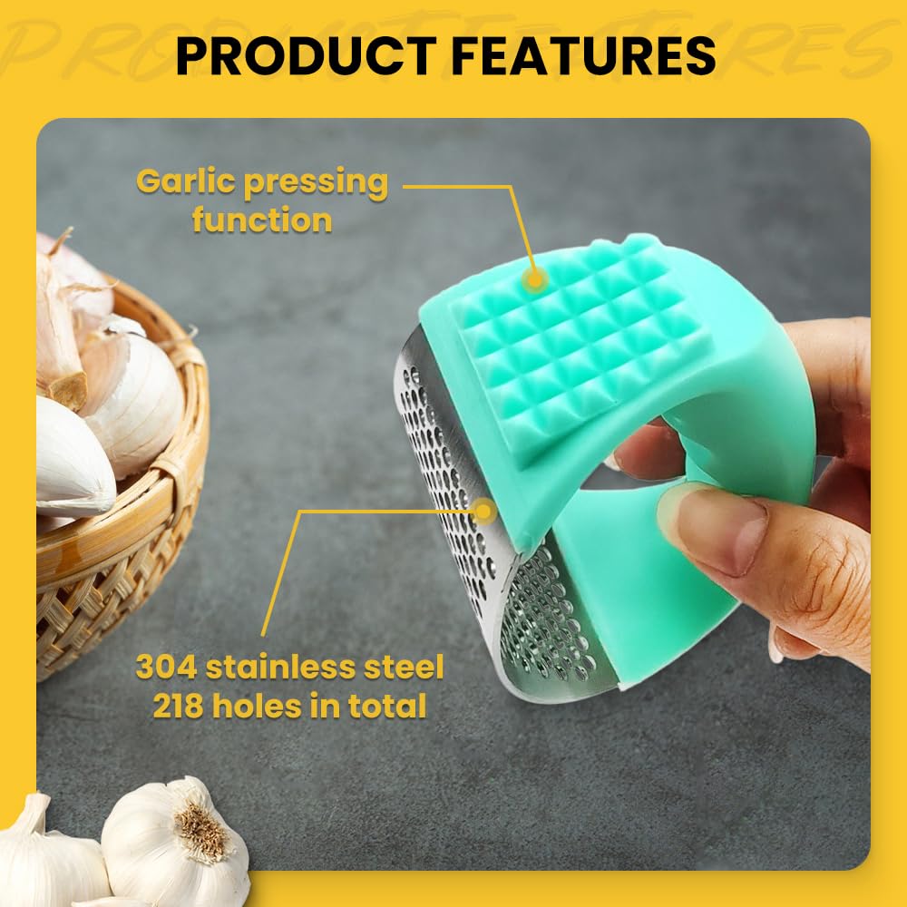 Stainless Steel Garlic Press - 2025 New Garlic Mincer with Peeler & Brush for Kitchen Cooking