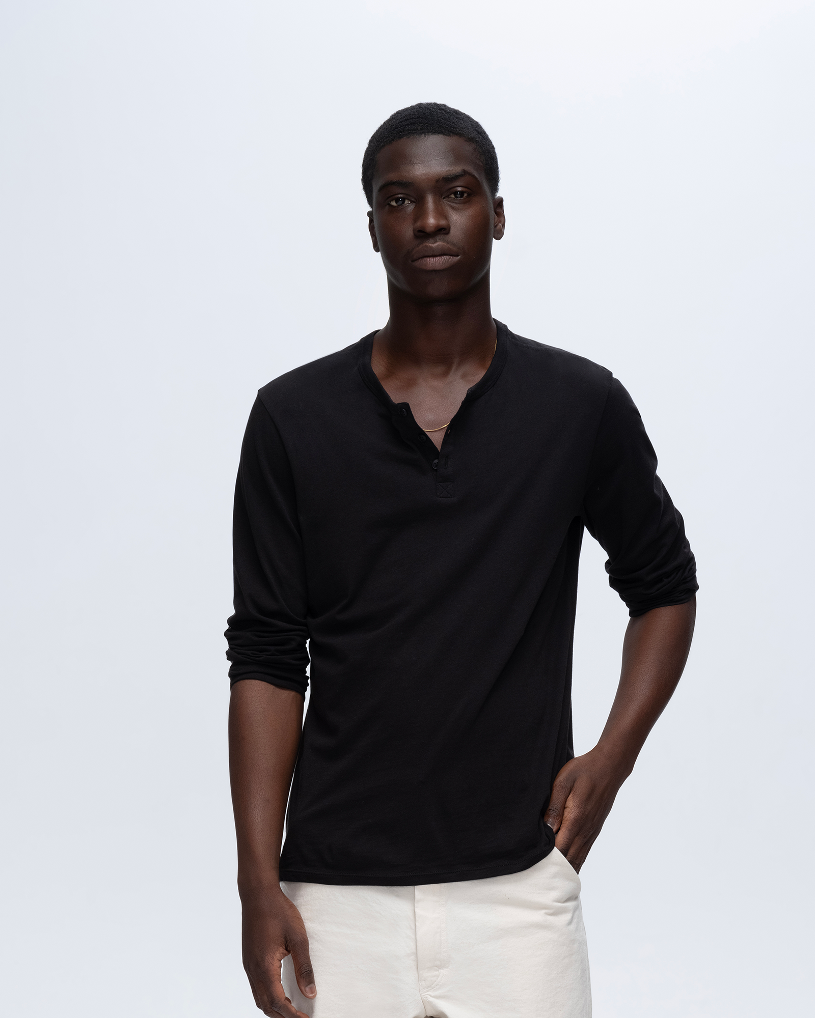Classic Black Long Sleeve Henley Shirt for Men - Soft Cotton Jersey Pullover Top - Casual Wear & Layering Essential
