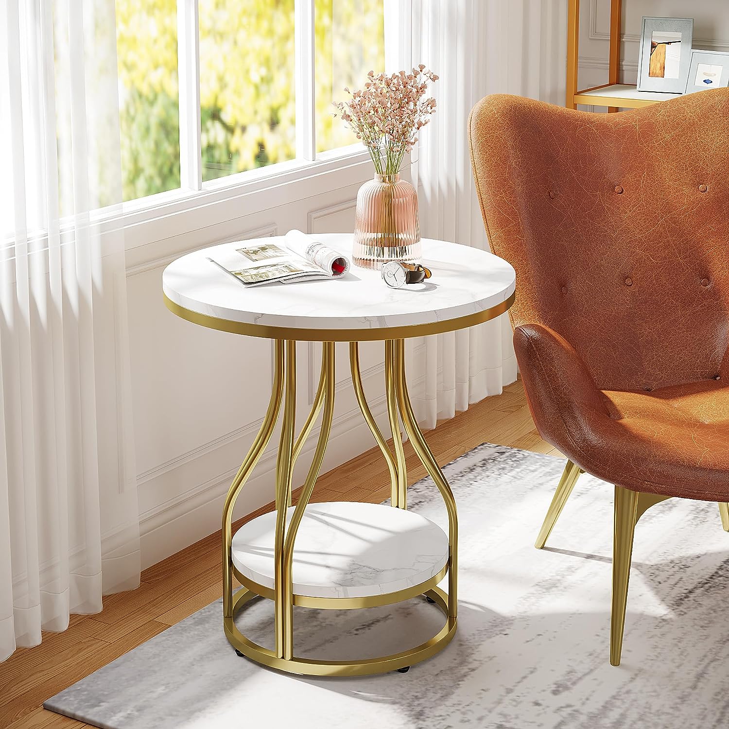 2 Tier Round End Table with Metal Frame - Stylish Sofa Side Table for Living Room, Bedroom, or Office - Perfect for Holding Lamps, Books, and Decor