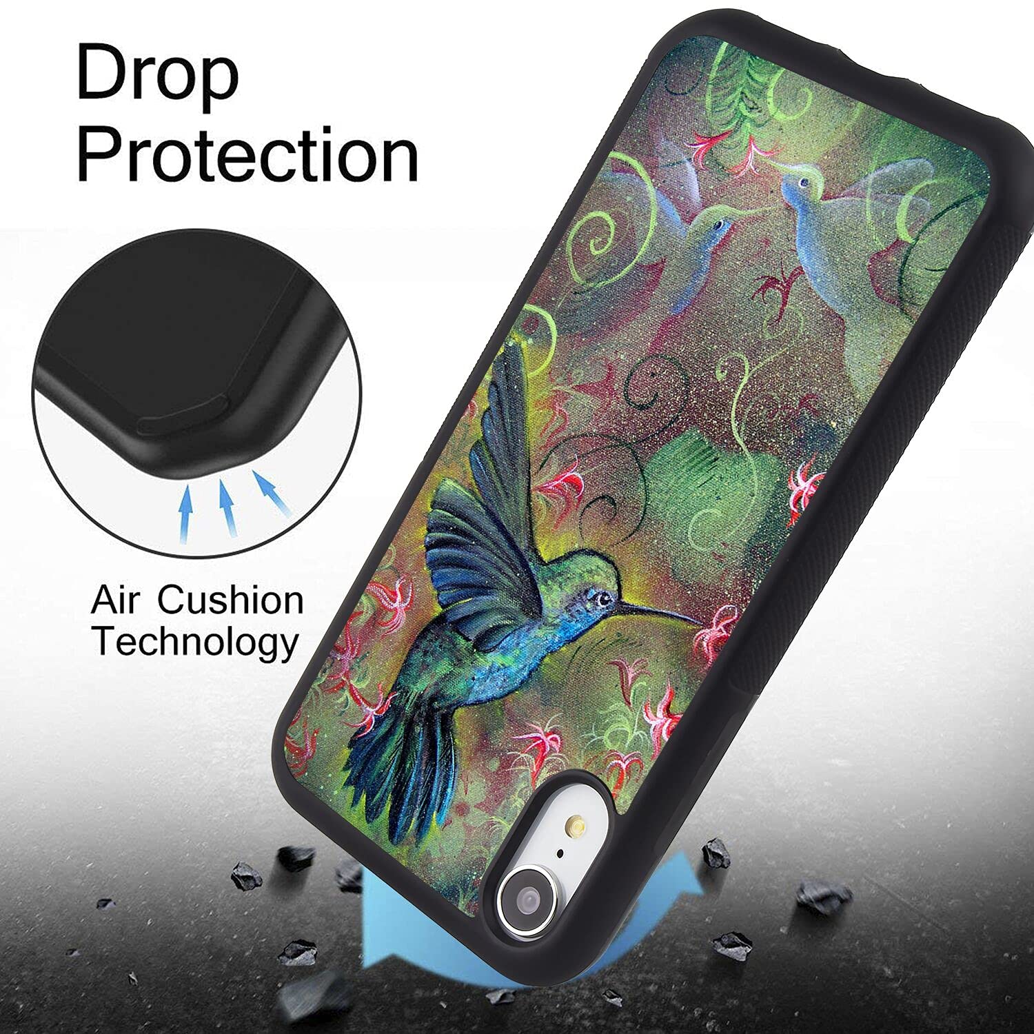 BITWELLS Shockproof iPhone XR Case with Hummingbird Design - Protective Hard PC Cover & Soft Bumper | Lightweight Durable Phone Case for Everyday Use & Outdoor Activities