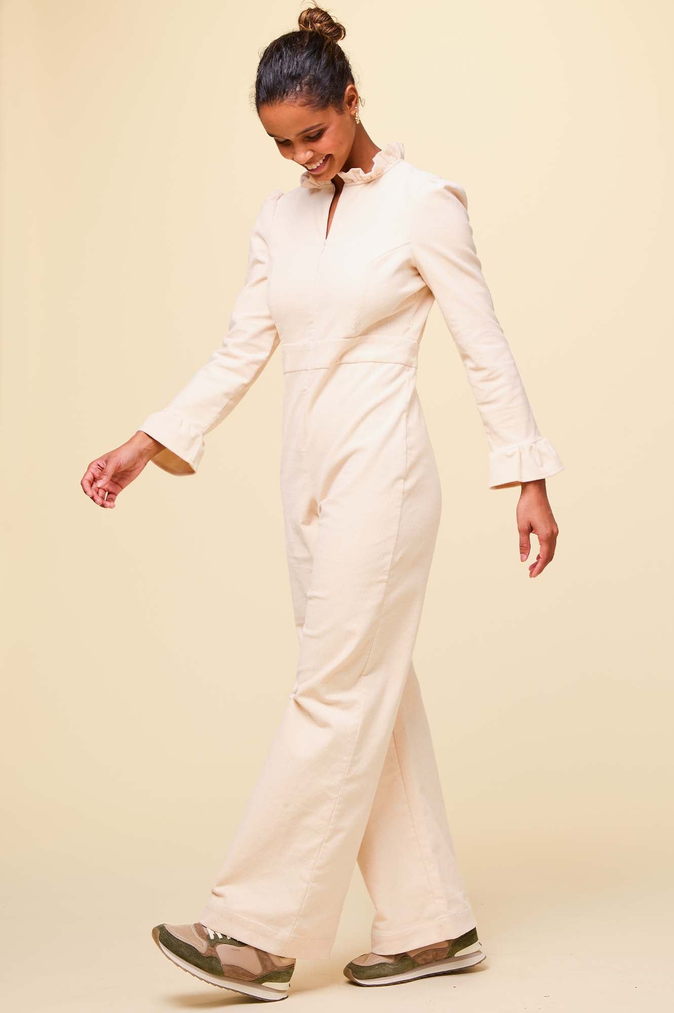 Women's Zip Front Stretch Corduroy Jumpsuit - Soft Comfortable Romper with Pockets | Cream | Casual Outfit for Fall, Date Night & Weekend Wear