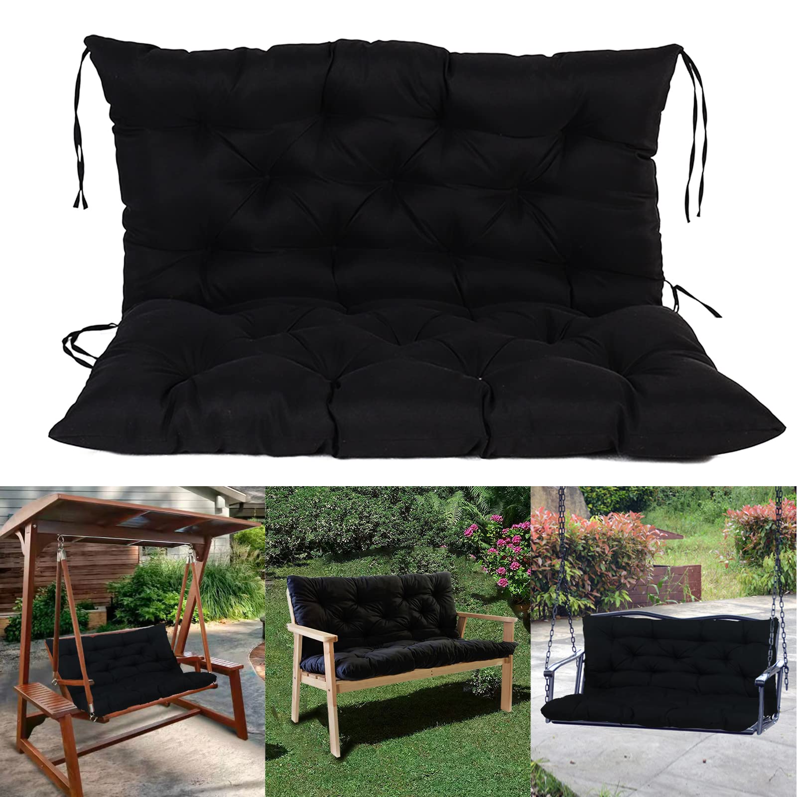Outdoor Swing Replacement Cushions - Waterproof 3-Seater Bench Cushions with Backrest & Ties, Non-Slip Overstuffed for Patio, Garden, Porch Furniture (39.37x39.37 Inches, Black) - Perfect for Lounging, Relaxing & Outdoor Entertaining