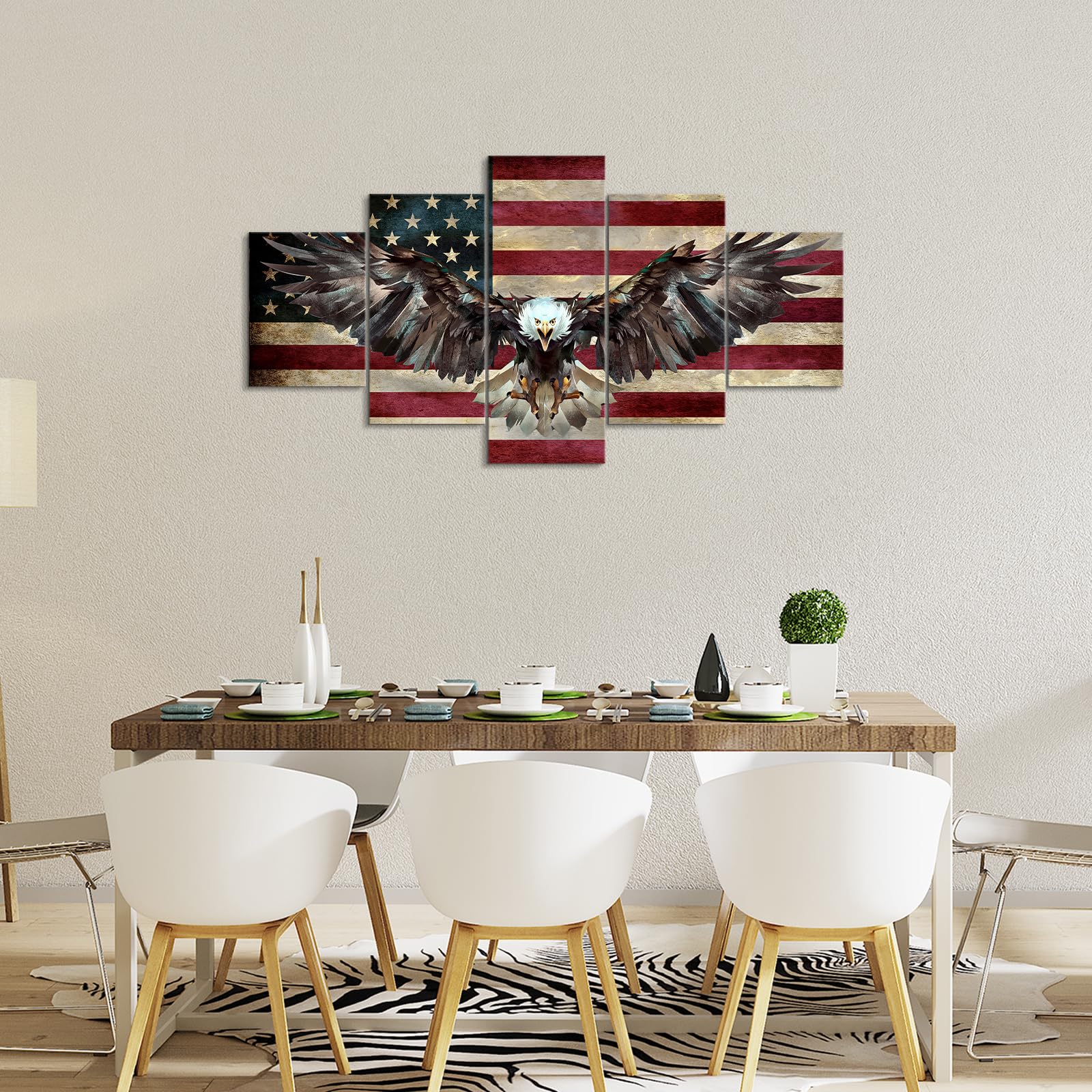5 Piece American Flag Wall Art Set - Bald Eagle Wooden Canvas Patriotic Decor for Home & Office - Military Army Themed Wall Decor (60''W x 32''H) - Perfect for Living Room, Bedroom, or Office Display